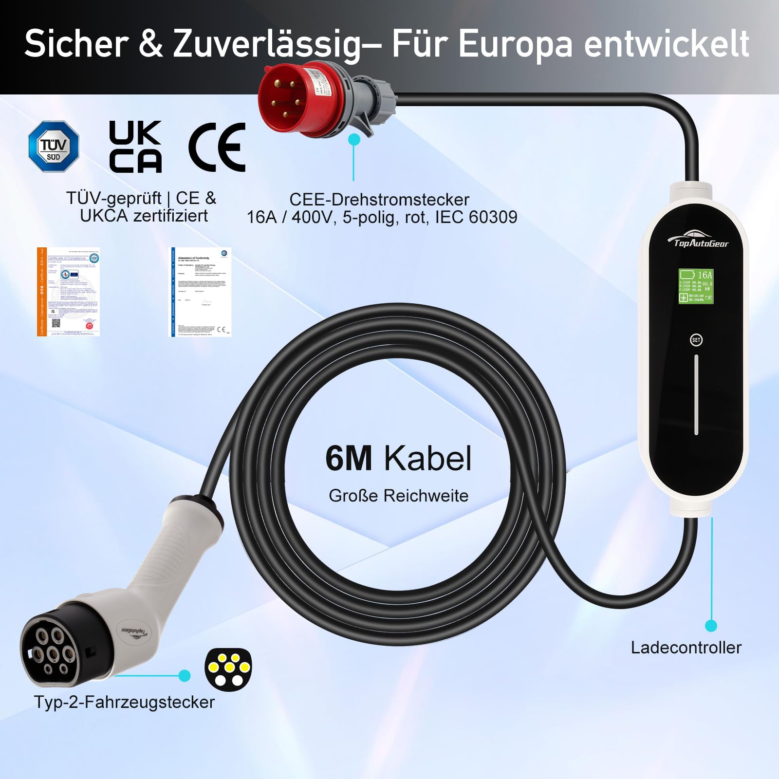 Mobile Wallbox 11 kW [6 m | 8-16 A] mit einstellbarer Stromstärke, Ladekabel CEE 16A auf Typ 2 für ID.3/4/5, Model Y/3, MG4, EX30, e-up, e-tron, Zoe, EV-Charger, TÜV-geprüft & CE-zertifiziert