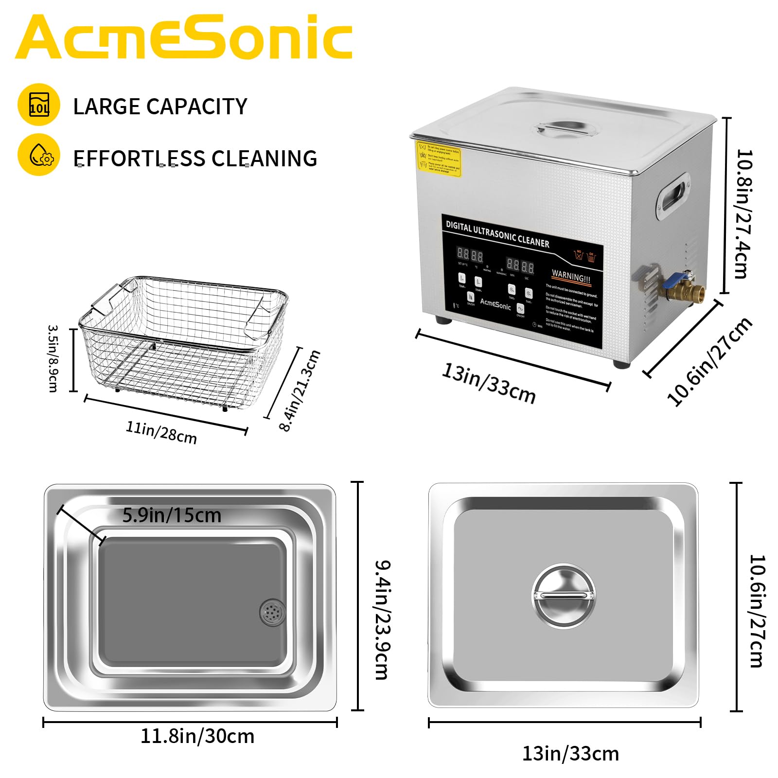 Máquina de limpieza por ultrasonido digital de 10 litros, limpiador ultrasónico de laboratorio de acero inoxidable SUS 304, limpiador sónico para herramientas profesionales, piezas de