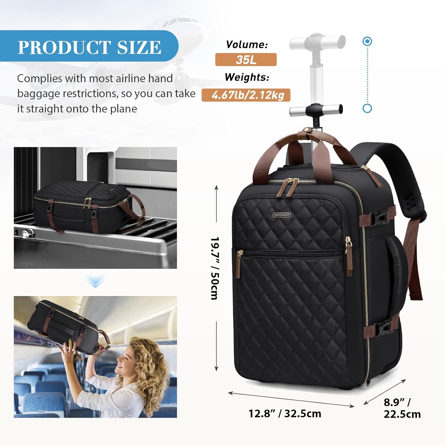 Rolling Backpack for Women,Travel Laptop Backpack with Wheels Roller Personal Item Backpack Wheeled Underseat Carry On Luggage for Travel Business Trip,Fit 17Inch,Black