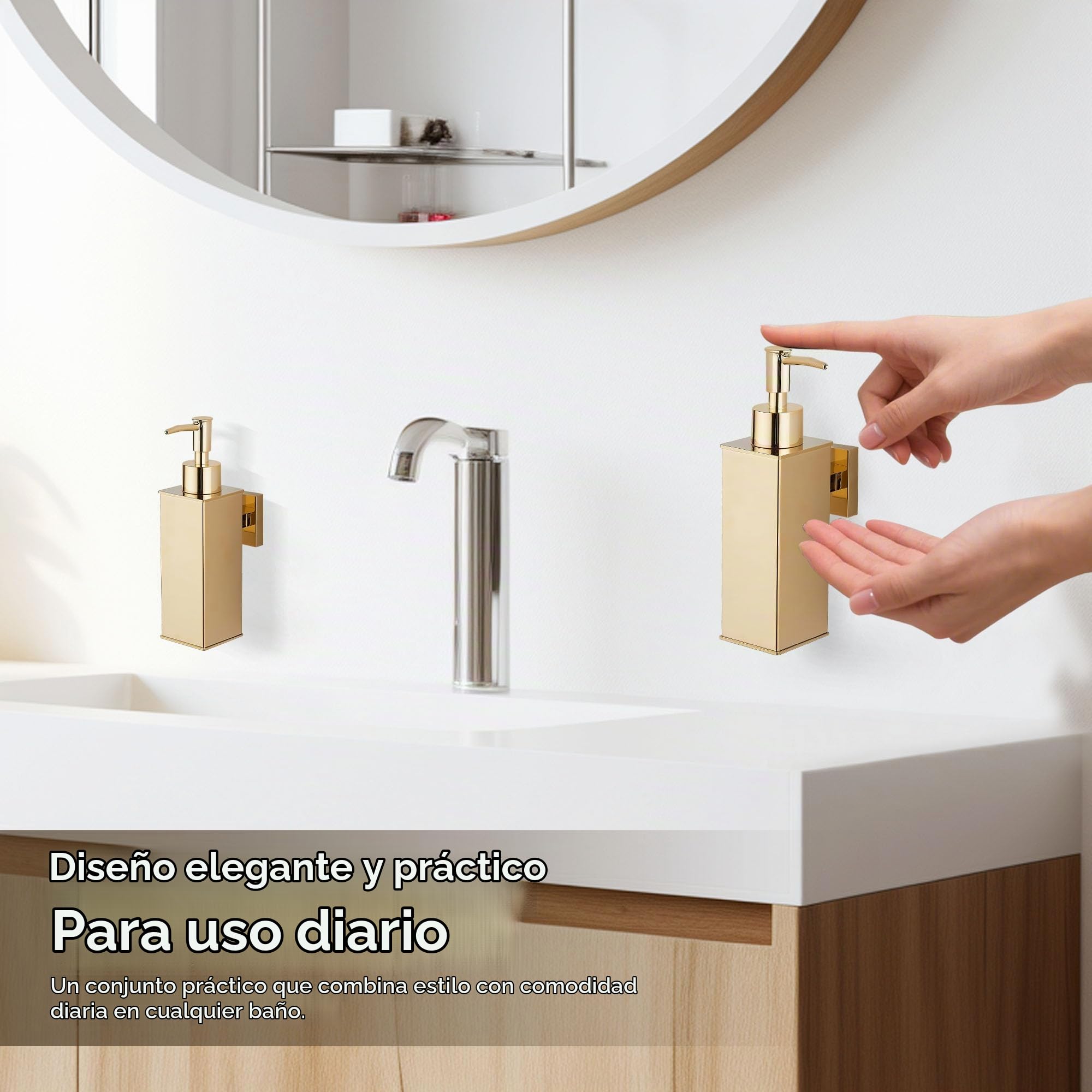 BGL - Juego de 2 dispensadores de jabón montados en la pared, dispensador de jabón líquido de acero inoxidable 304 para baño y cocina, color dorado