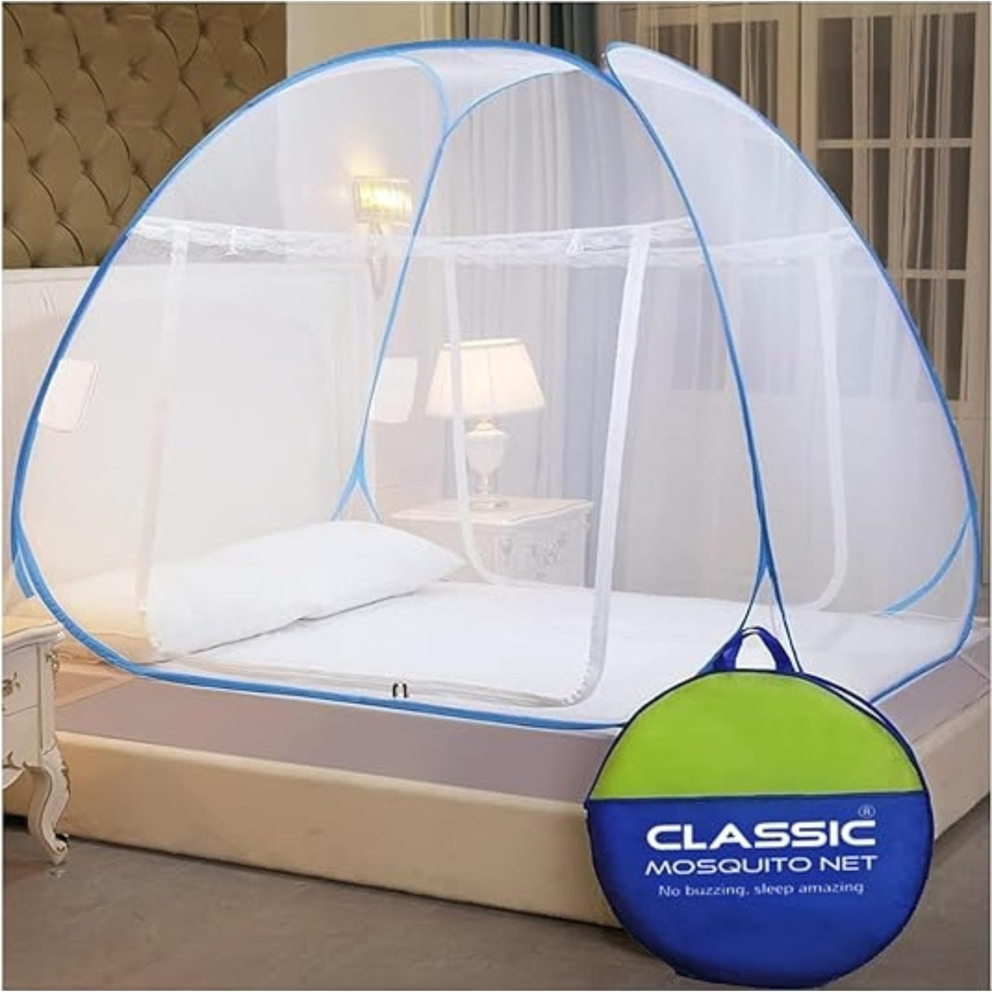for Double Bed | King Size with a Mobile Pocket | Foldable Machardani | Polyester 30GSM Strong Net | PVC Coated Corrosion Resistant Steel Wire - Blue