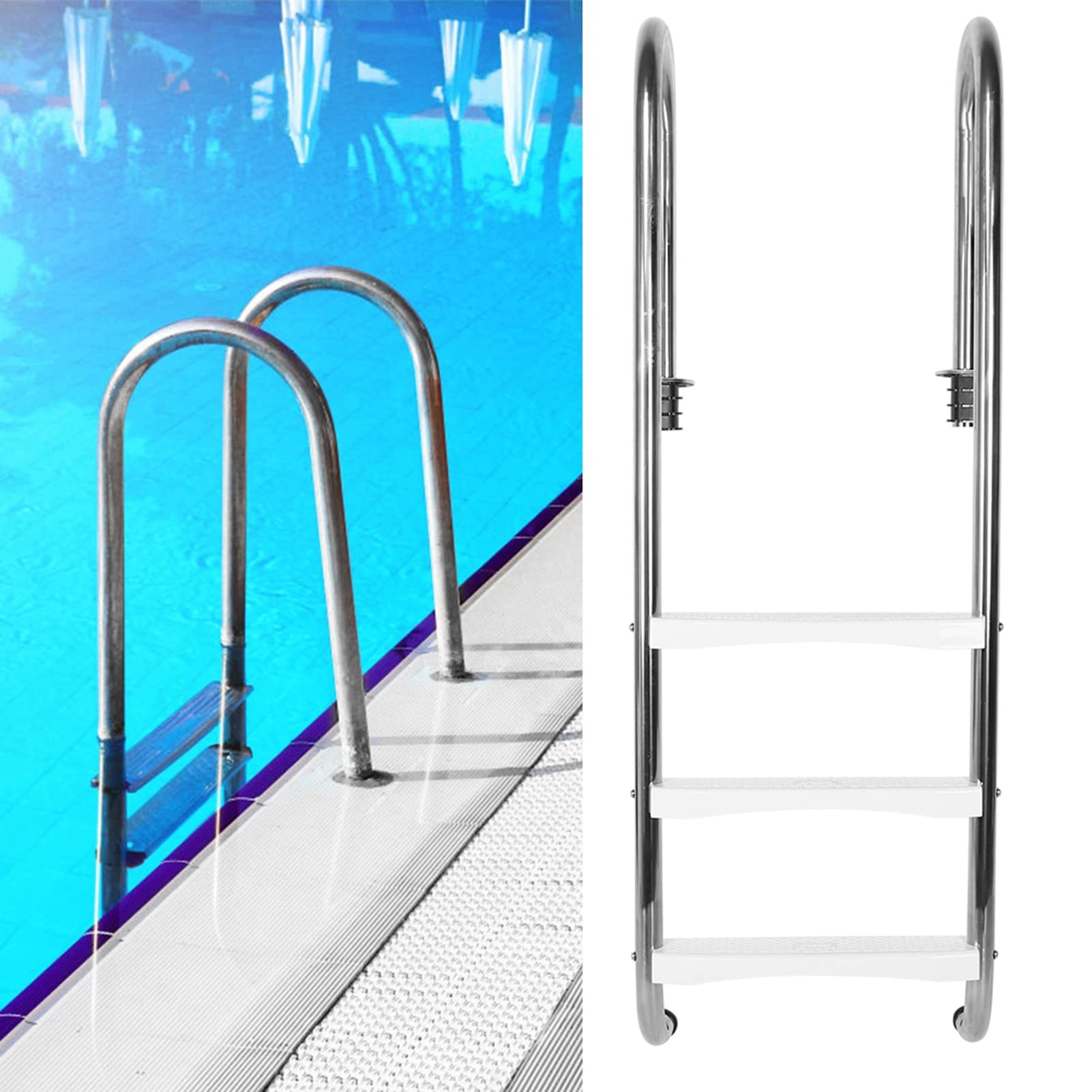 Tnfeeon Scaletta per Piscina Scaletta per Piscina a 3 Gradini in Acciaio Inossidabile 304 Altezza 59,1 Pollici Gradini in ABS Antiscivolo con Dispositivo di Fissaggio Larghezza Interna 18,1 Pollici
