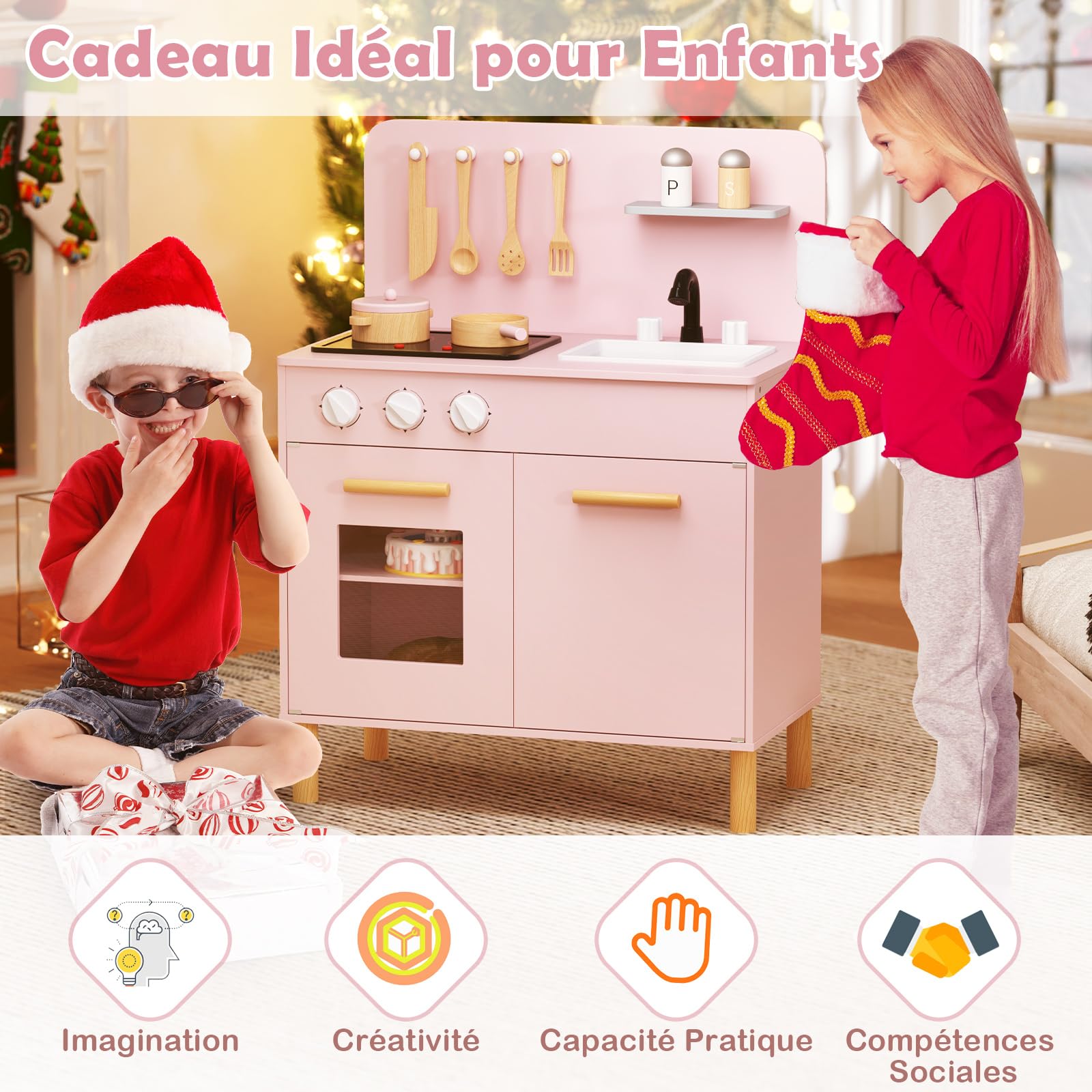 COSTWAY Cuisine Enfant en Bois avec Lumière & Son & 10 Accessoires, Jeu de Cuisine Enfant avec Évier Amovible & Poêles Double, Espace de Rangement, Jeu de Rôle pour Enfant de 3 Ans+ (Rose)