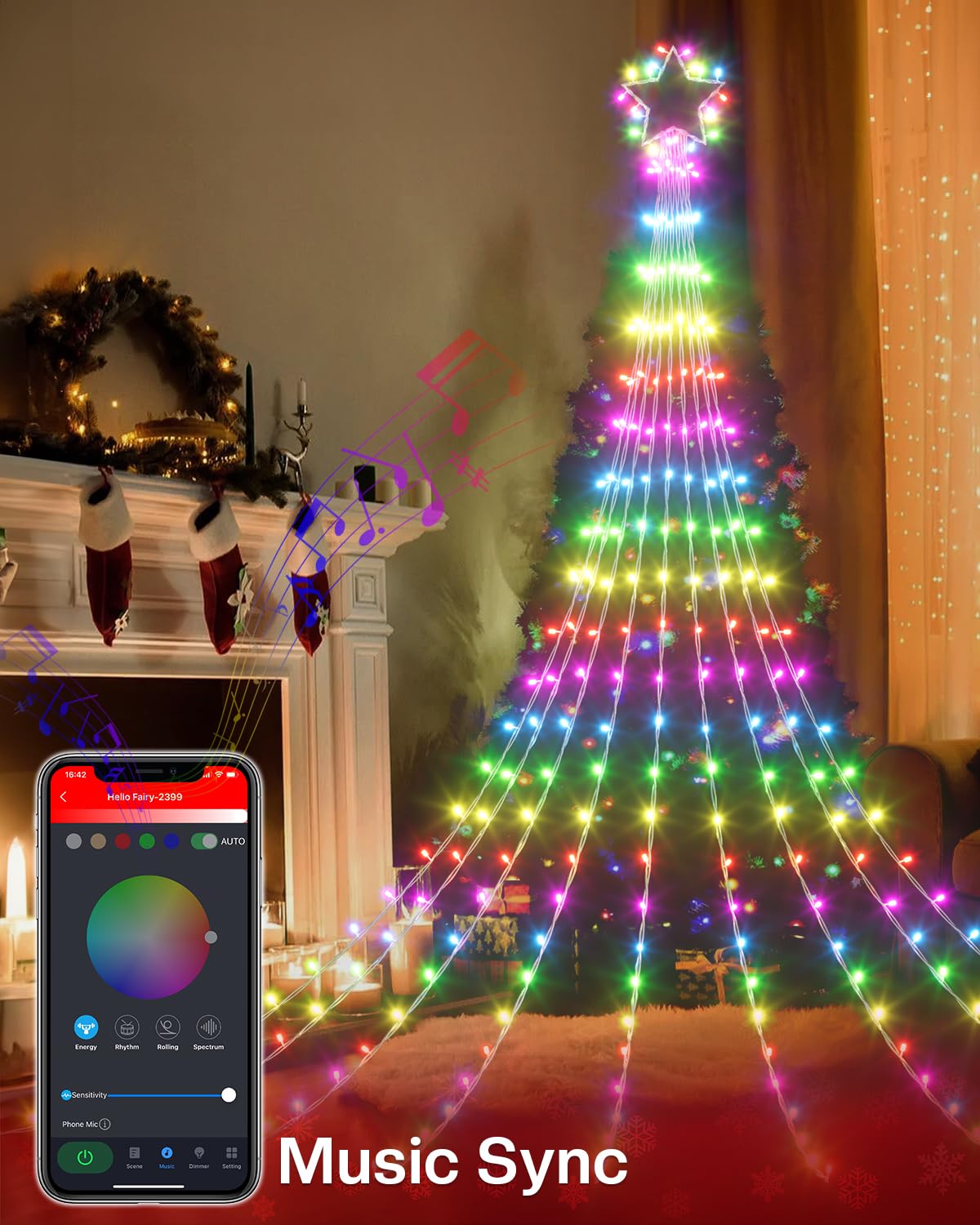 3.6M Outdoor Weihnachten Vorhang Lichter, 64 Modi Smart Wasserfall Lichterkette mit Farbwechsel, Musiksynchronisation, Timer & App-Steuerung, wasserdichte Sternenlichter für Garten, Terrasse,
