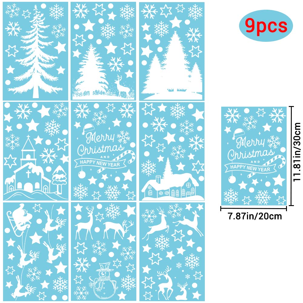 GRACCEE 9 Sheets Christmas Window Clings - Tree Snowman Snowflakes Reindeer Decals for Winter Glass Decoration