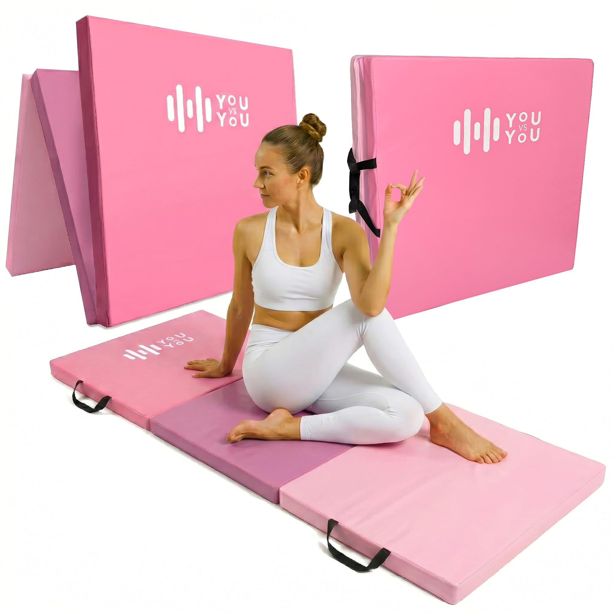 You vs You Yoga Mat | Thick Folding Yoga Exercise Pilates Gymnastic Mat | Non-Slip | Stretching and Core Exercise | Sweat Proof and Easy to Clean | Fold for Easy Store and Carrying (Pink (Set))