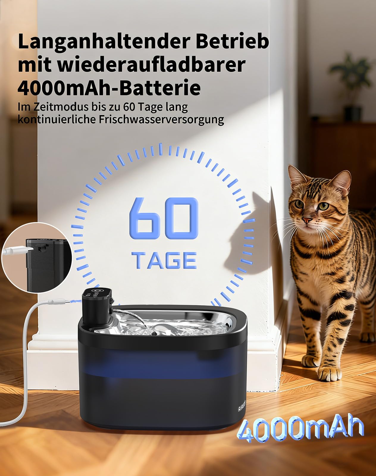 Katzenbrunnen kabellos 118oz/3,5L Drahtlos & Ultra-leise mit Sensor- und Zeitmodus,Edelstahlpalette, batteriebetriebener Trinkbrunnen für Katze,Trinkbrunnen für Katze (3.5L Katzenbrunnen+2Filter)