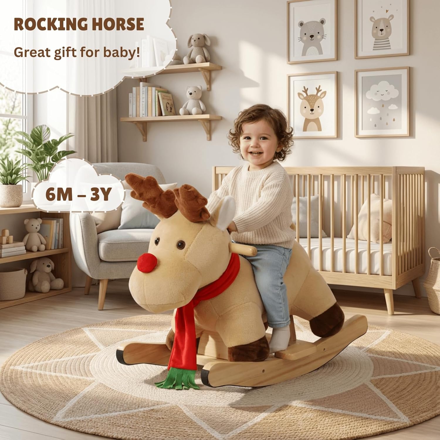 Rocking Horse Baby, Plush Stuffed Rocking Toy for 1-3 Year Old Toddlers, Wooden Reindeer-Shaped Rocking Toy, Apricot Reindeer