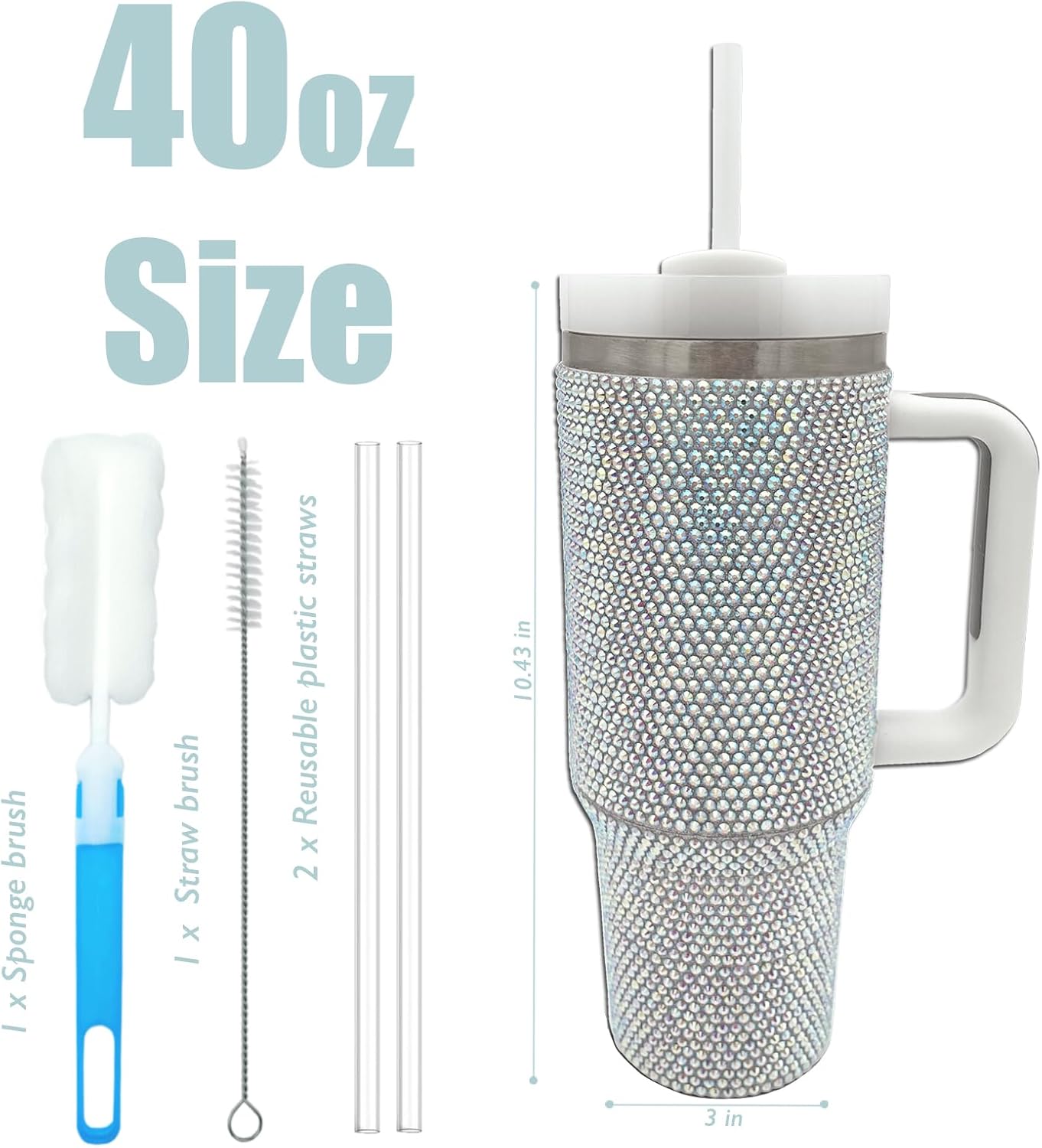 40oz Bling Tumbler with Handle and Straw Lid Rhinestone Studded Tumbler Cups Vacuum Insulated Stainless Steel Double Wall Water Bottle Travel Mug Gifts for Women Her (Polar Light) - Image 2