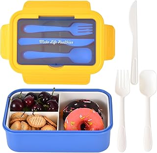 UPTRUST Bento Lunch Container for Kids, Bento Box with 3 Compartment, Leak-proof, Microwave safe(Spoon&Fork included) (Yellow & Blue)