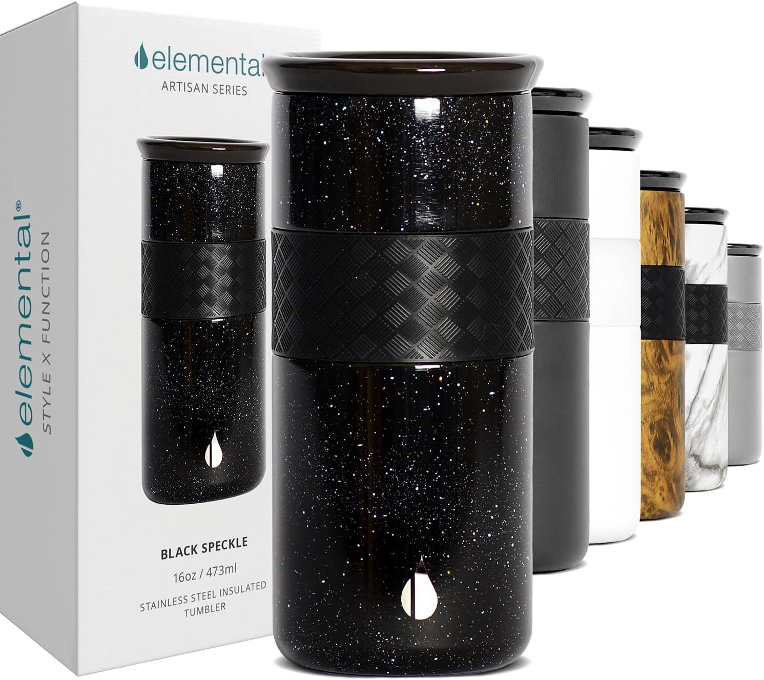 Elemental Artisan Insulated Tumbler, Triple Wall Coffee Travel Mug, Reusable Stainless Steel Coffee Tumbler with Ceramic Lid, Thermal Coffee Cups for Hot (6 Hrs) & Cold (18 Hrs), 16oz - Black Speckle