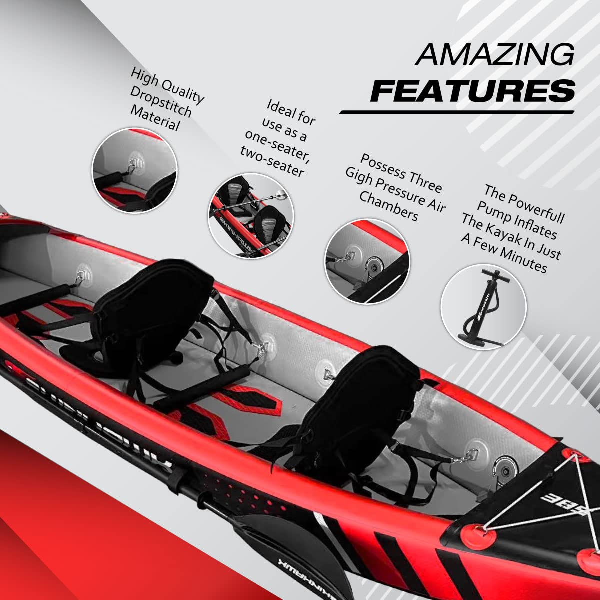 Skinhawk Premium Full Drop Stitch Kayak 385 Rojo Inflable Canoa para Inflable, Kayak de Aventura, 385 x 85 cm