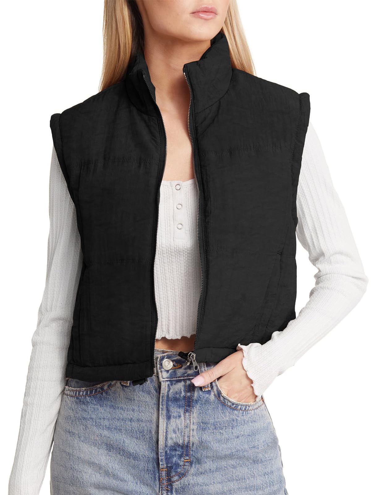 Photo 1 of Fazortev Women Crop Puffer Vest Lightweight Stand Collar Zip Up Short Puffy Jacket Padded Gilet Medium Black