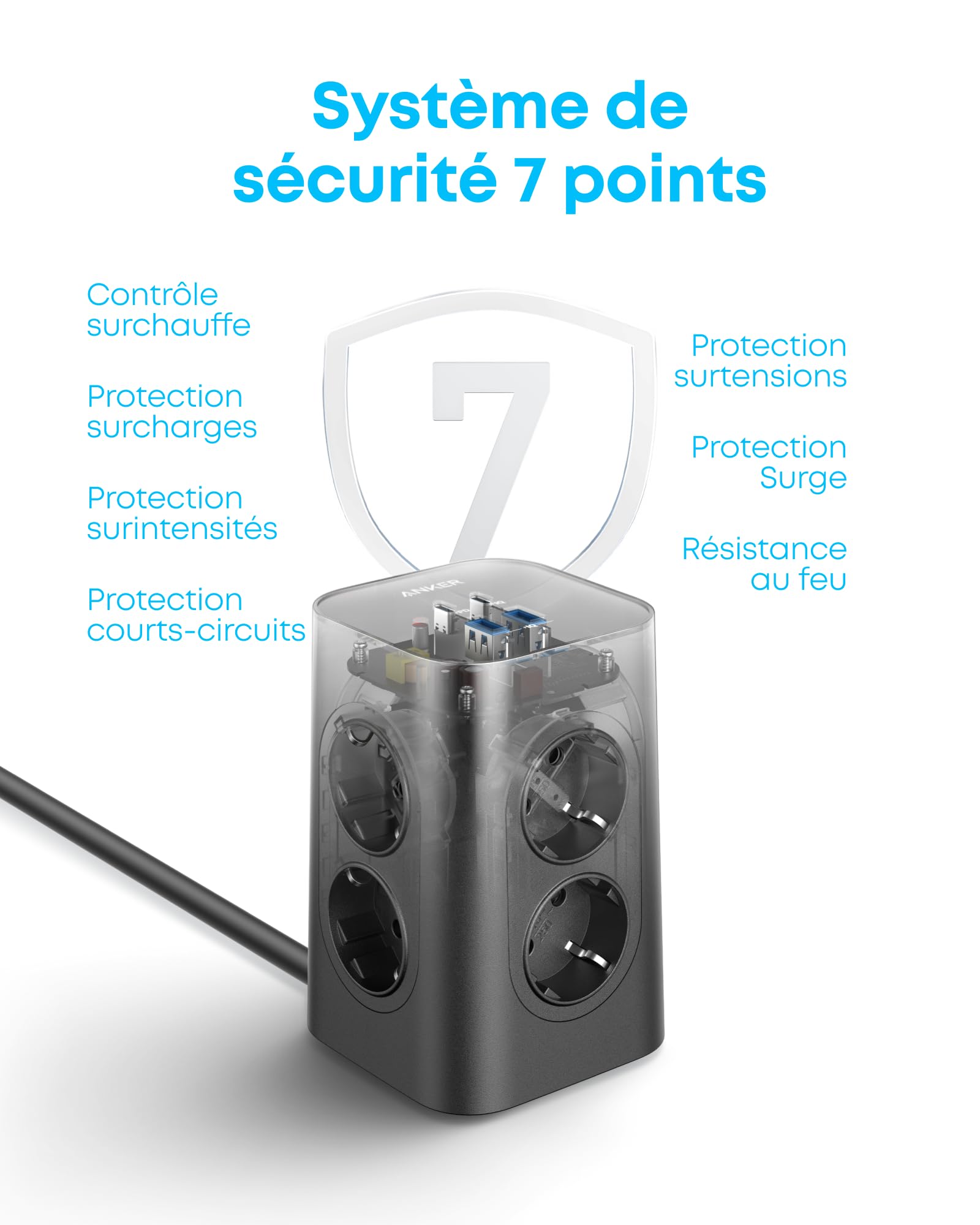Anker Multiprise avec Interrupteur, Tour de Charge 12 en 1 | Charge USB C Rapide 20W, 8 Prises Ca, 4 Ports USB, Câble d'extension de 2 m, pour le Bureau, la Maison, le Jeu