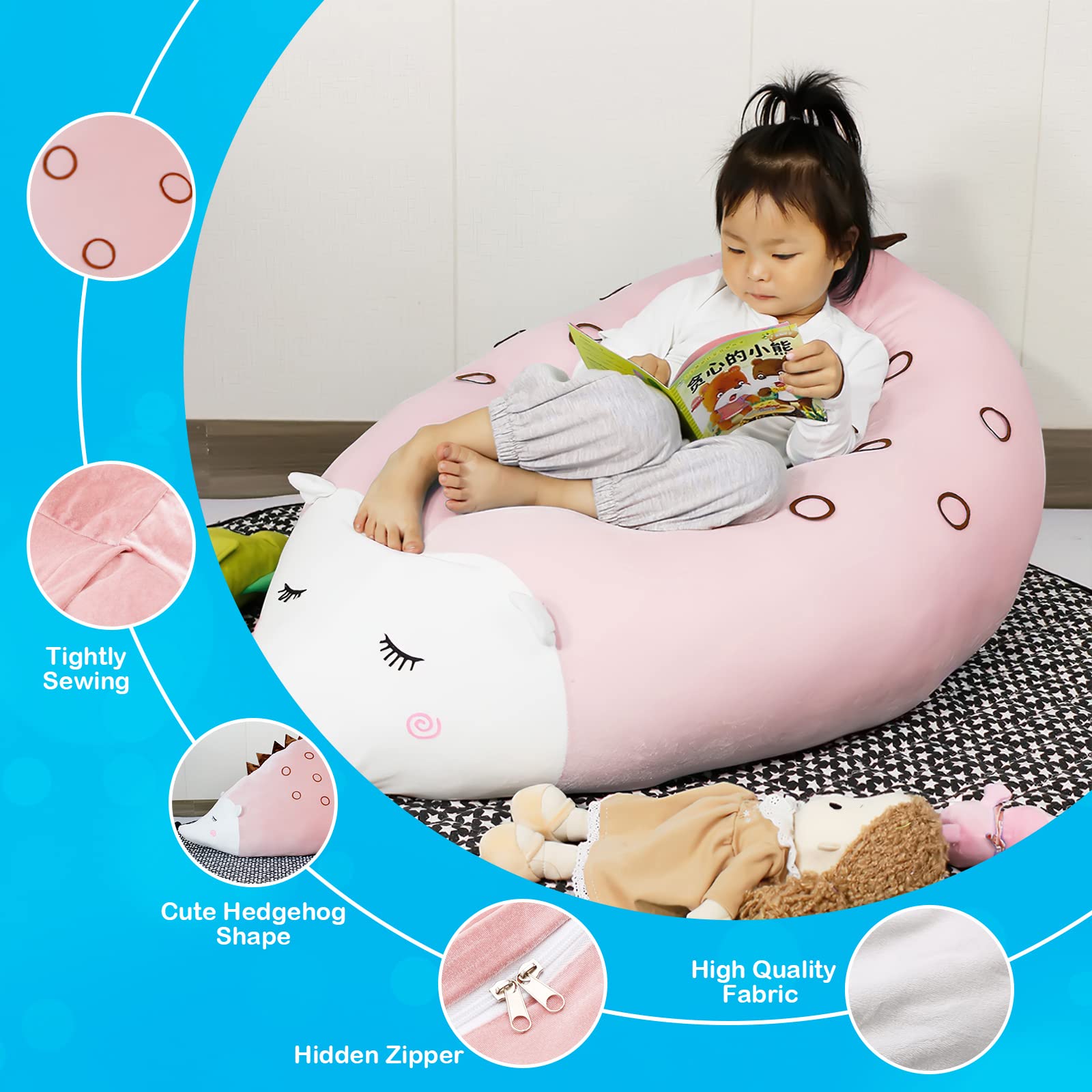 iFCOW Almacenamiento de Animales de Peluche Bean Bag Silla para, Cubierta de Almacenamiento de Juguetes de Peluche para niños cómodos Piso Tumbona Erizo