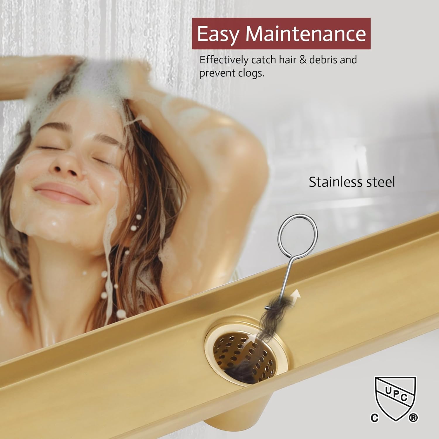 24-Inch Linear Shower Drain, 2-in-1 Reversible Tile Insert Grate, Bright Gold 304 Stainless Steel Floor Drain with Hair Strainer & Leveling Feet, Modern Bathroom Shower (Drain Base Not Included)