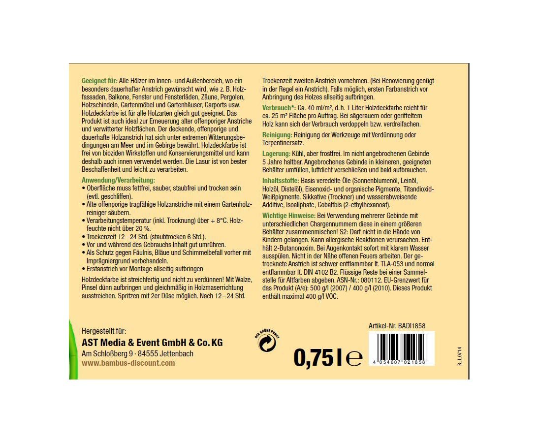 Holzdeckfarbe elfenbein 0,75 Liter fr Innen und Auen - deckend,  offenporig, hervorragender Wetterschutz - Bambusrohre lackieren :  Amazon.de: Baumarkt