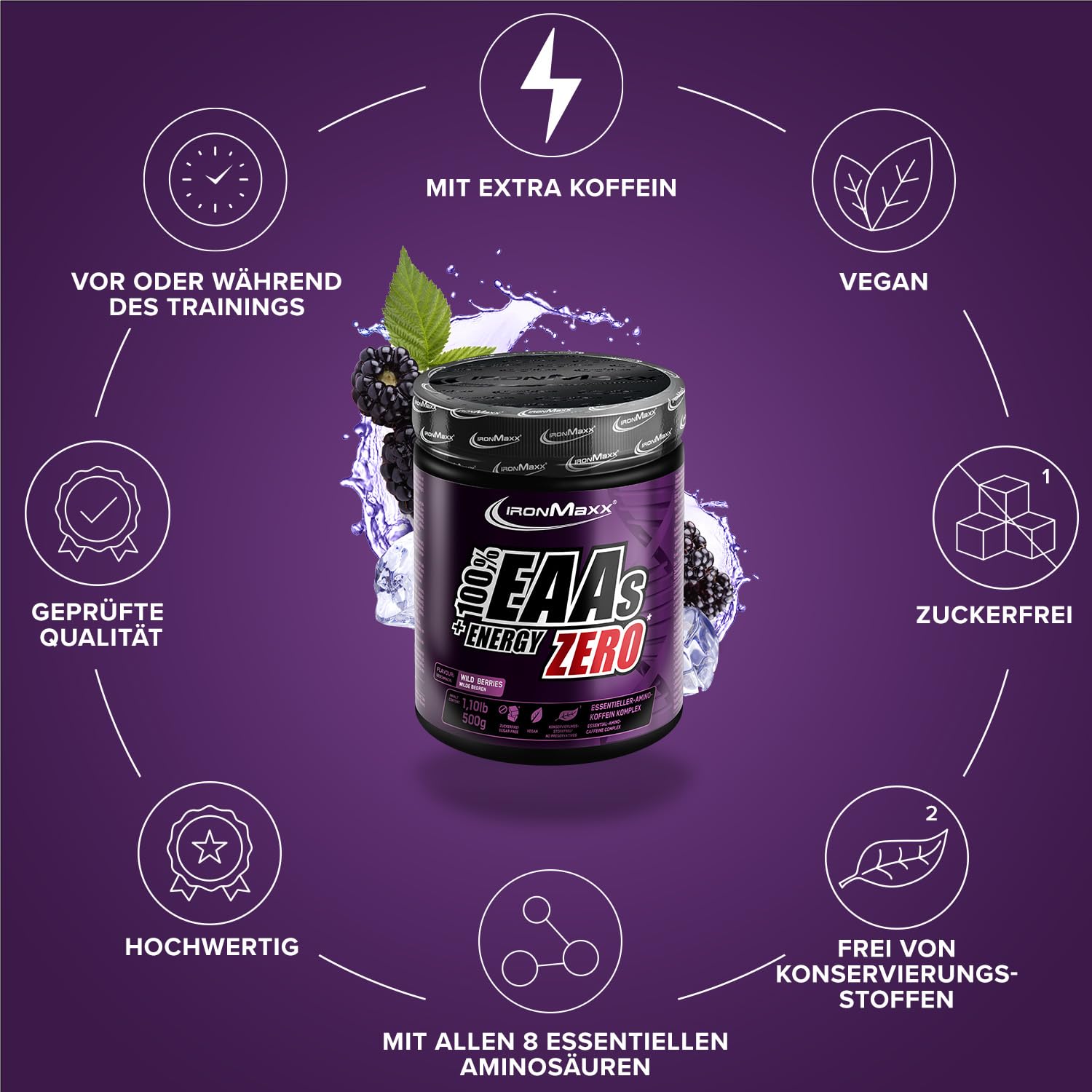 IronMaxx 100% EAAs + Energy Zero - Wild Berries 500g Dose | EAA-Pulver, vegan und zuckerfrei mit allen 8 essentiellen Aminosäuren | fruchtiger Geschmack, frei von Konservierungsstoffen