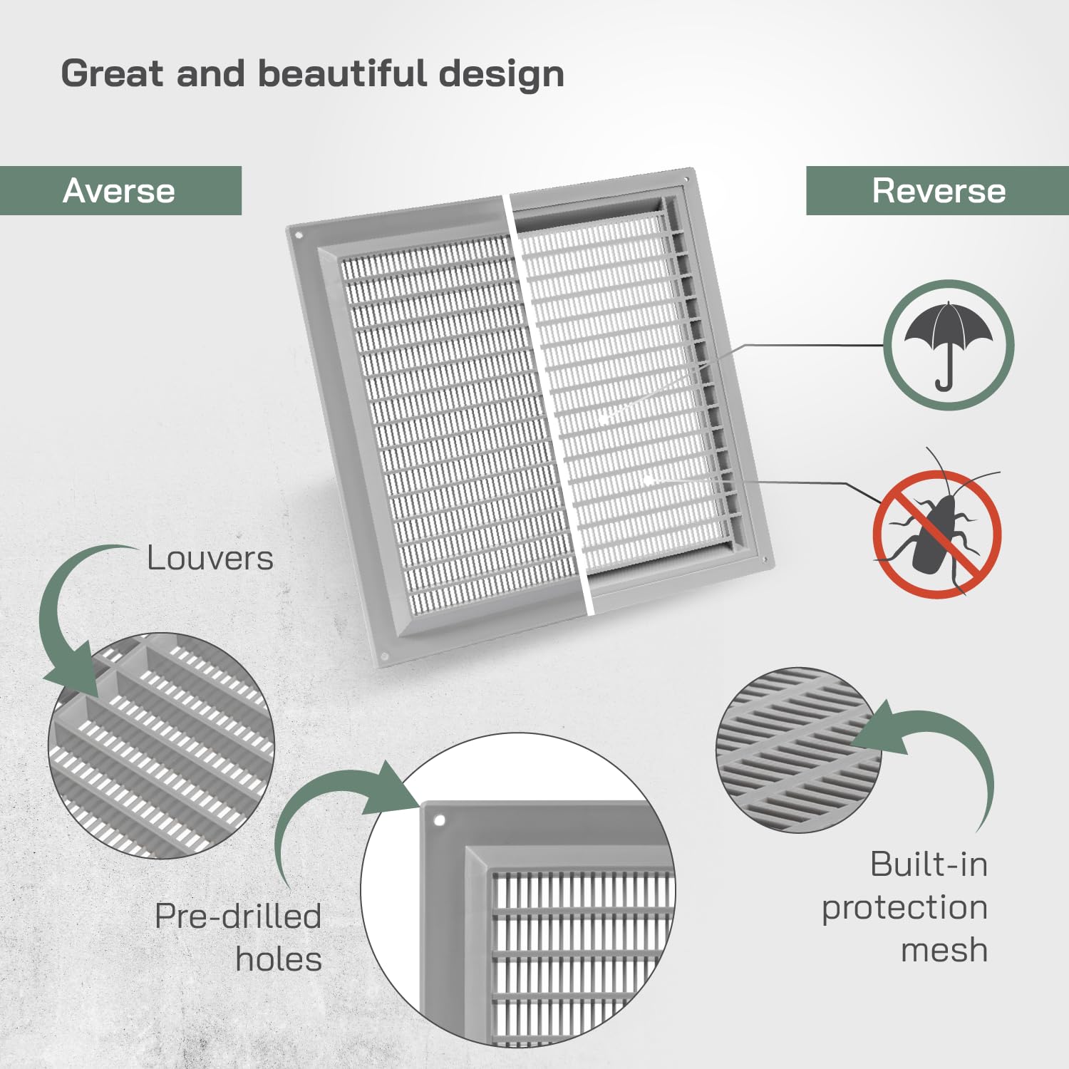 Vent Systems 250 x 250 mm / 10" x 10" Inch Gray Square Plastic Air Vent Cover, Louvered Wall Grille with Mesh Screen Guard - Image 3