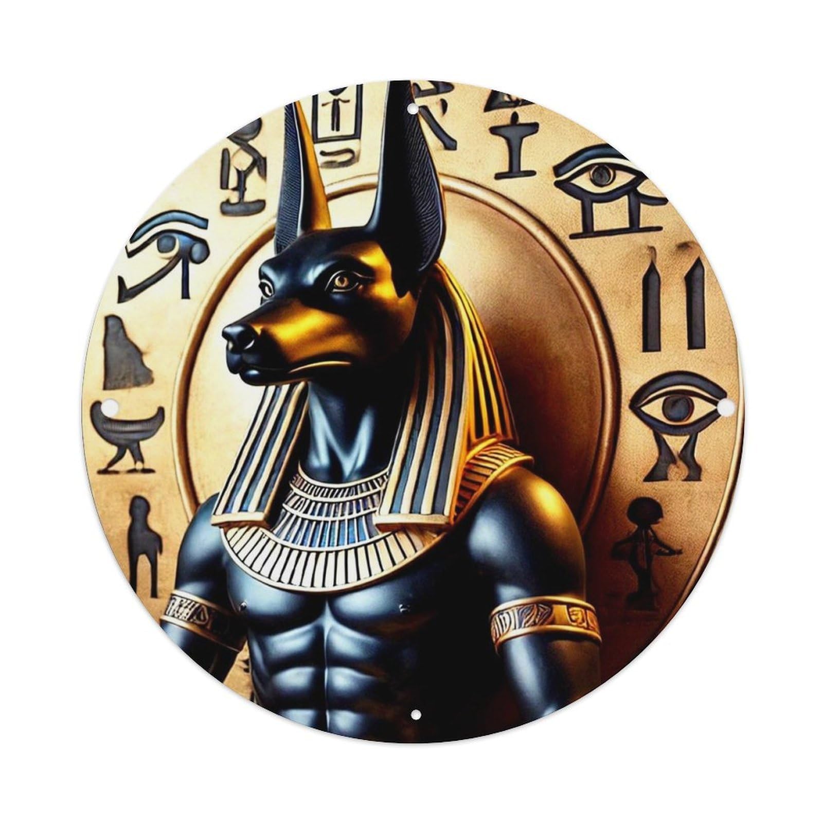 Egyptian God Anubis Hieroglyphs Pattern Vintage Metal Tin Sign Retro Wall Decor for Home Bar Garage Cafe, Indoor & Outdoor Decorative，circle Metal Poster, 8x8 Inch