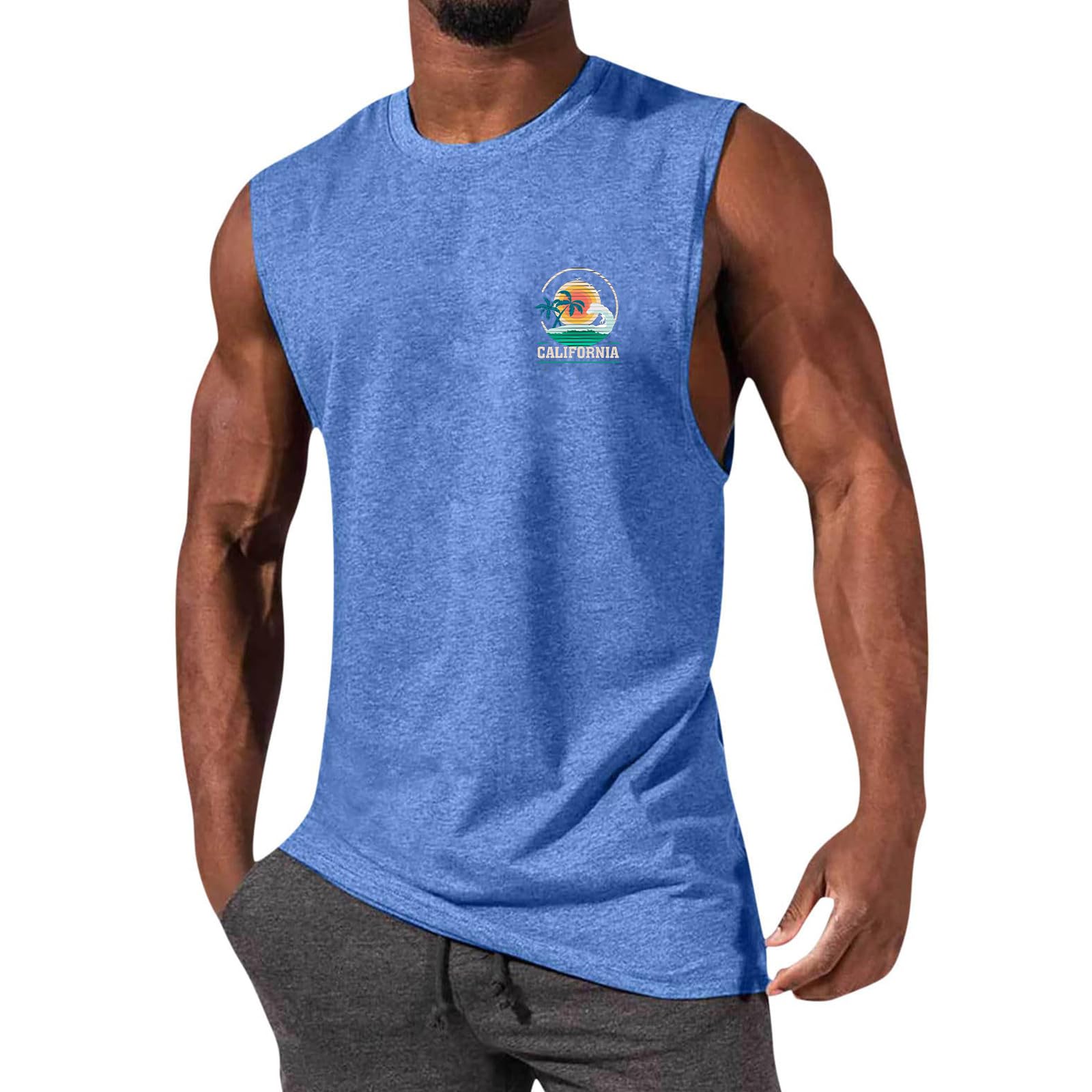 Glsayzu Men's Blue Casual Tank Tops Summer Beach Sleeveless Shirt Muscle Tee Basic T-Shirts Loose Fit (,Xxl)