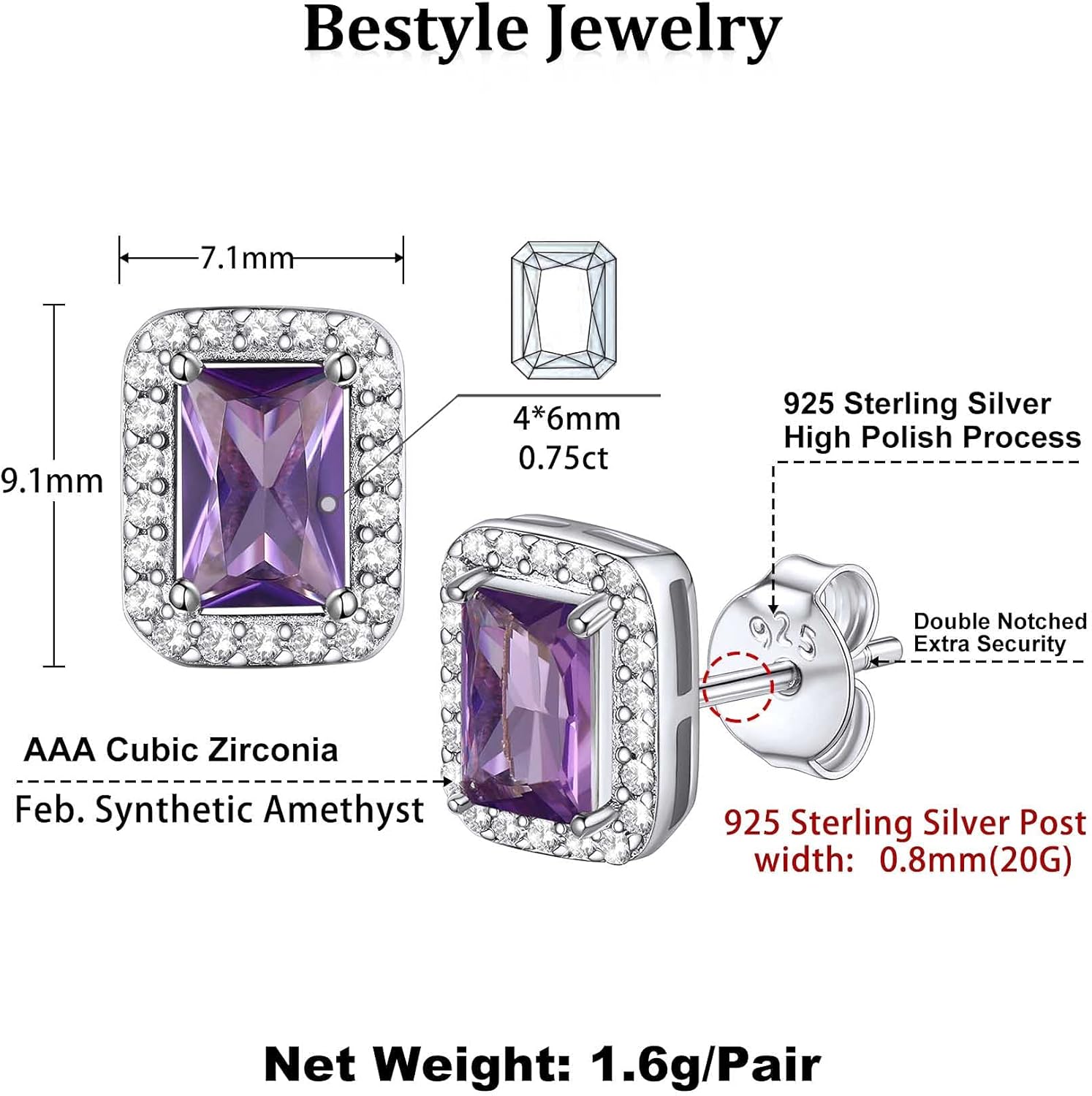 Bestyle Sparkling 925 Sterling Silver Birthstone Stud Earrings for Women, Heart/Round/Teardrop/Square Solitaire Diamond Studs Earrings, Great Birthday/Christmas Gifts - Image 6