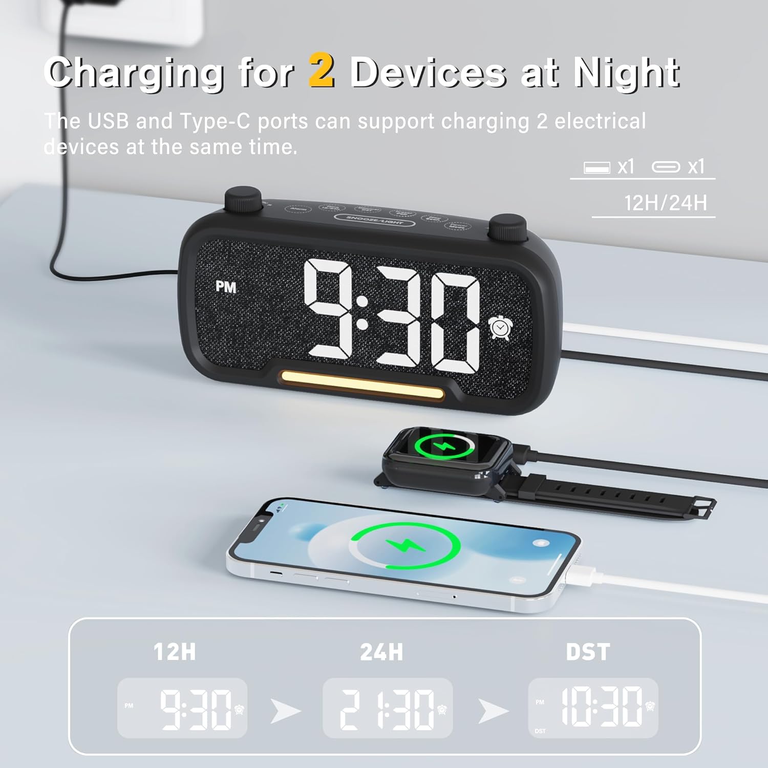 Mesqool Digital Alarm Clock Radio charging two devices simultaneously