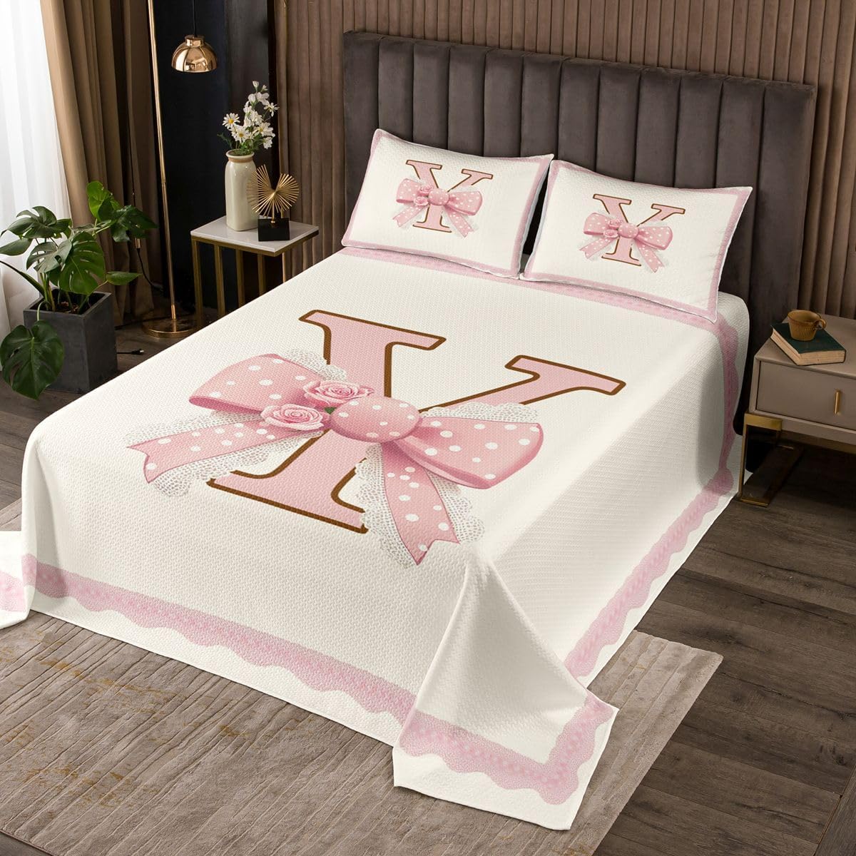 jejeloiu Pink Floral Bow Bedspread King Size Initial Letter Y Coverlet Set Romantic Princess Bowknot Quilted Coverlet for All Season with 2 Pillowcases Lightweight