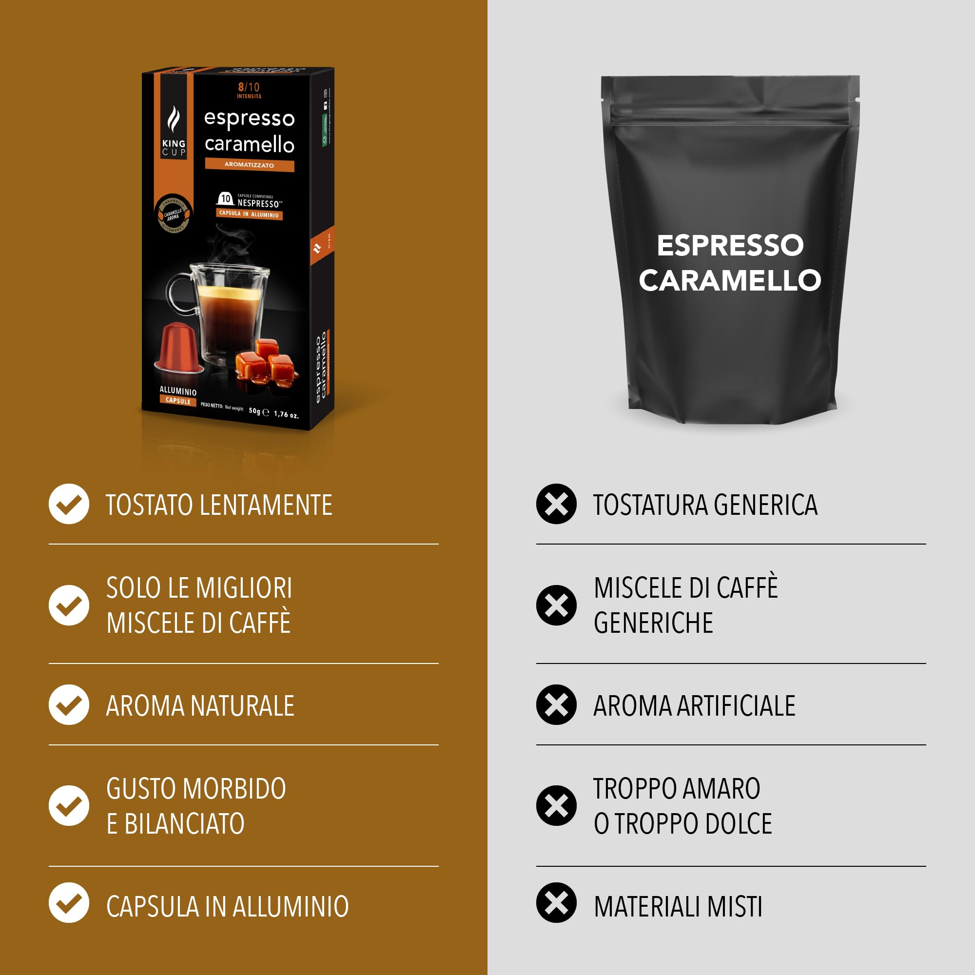 King Cup - 10 Confezioni da 10 Capsule di Caffè Espresso con Caramello, 100 Capsule in Alluminio Compatibili con Sistema Nespresso di Caffè Aromatizzato al Caramello in Capsule Salva Aroma da 5 Gr