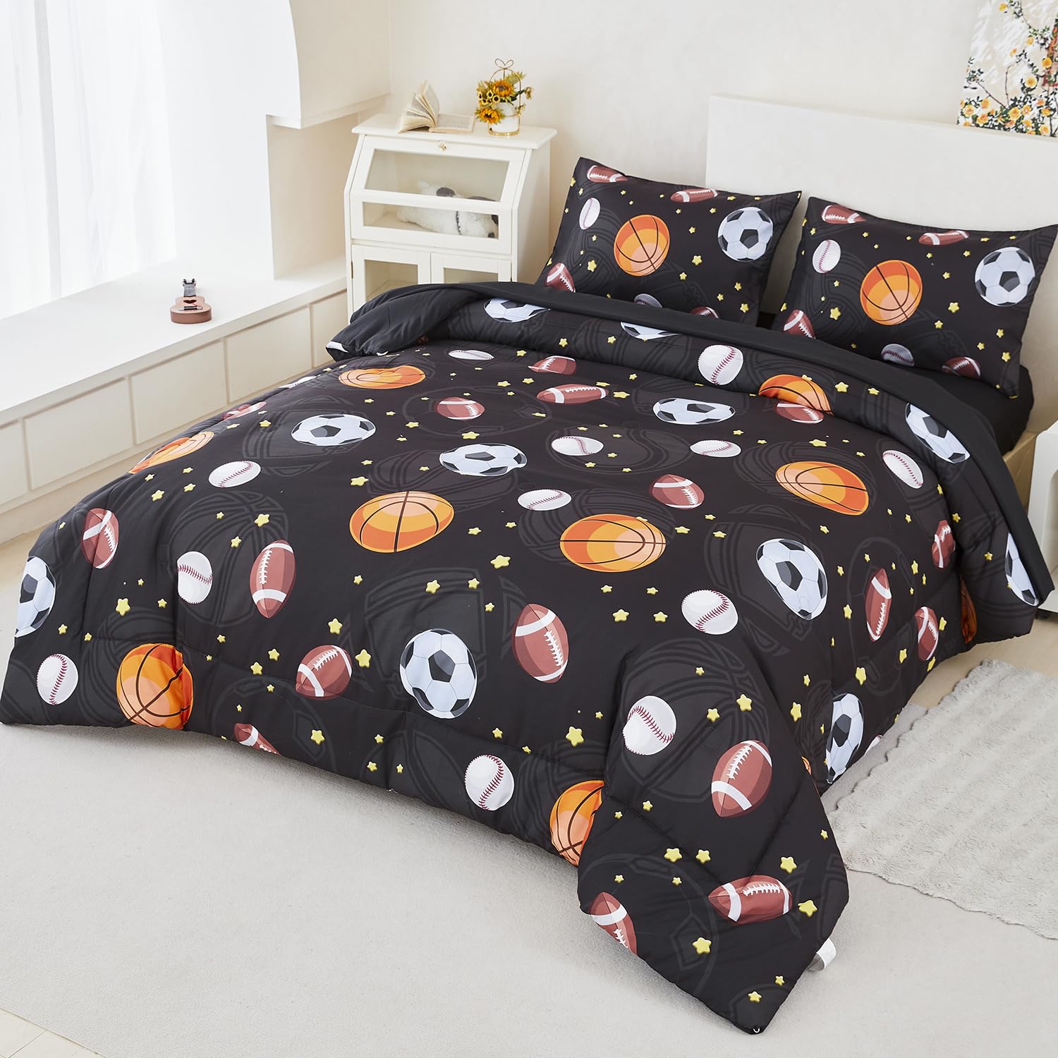 ZSYAYAHA Twin Bedding Sets with Comforter, 5 Pieces, Boys Basketball Baseball Soccer Balls Black