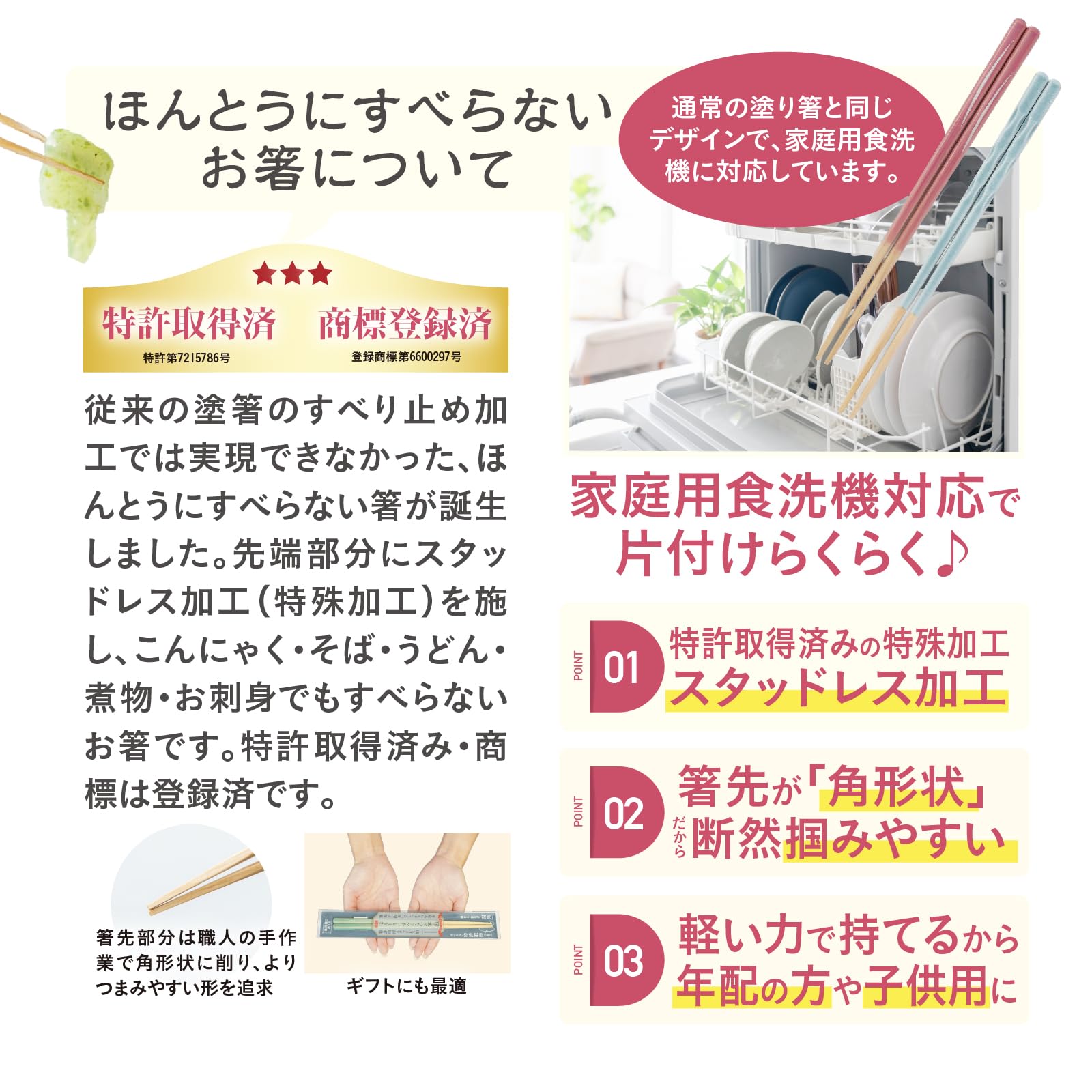 藤栄(FUJIEI) ほんとうにすべらないお箸 23cm シンプルナチュラル ブラック | 食洗機可 こんにゃくも簡単につかめる 箸職人が作る塗り箸 木製 スタッドレス加工 特許取得 お箸トレーニング 日本製 HSR-103 - 4