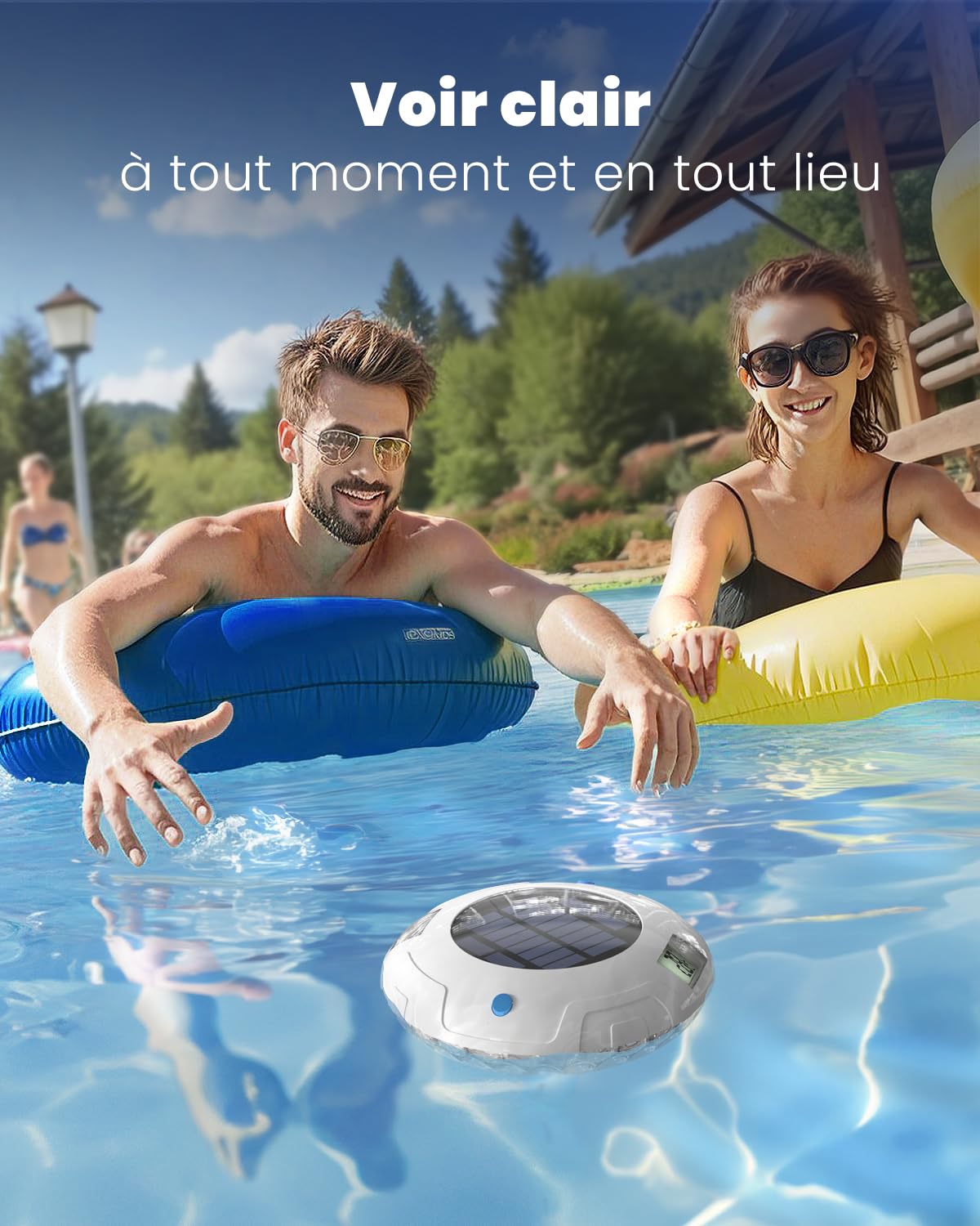 Lampe de piscine solaire avec double écran LCD, thermomètre de piscine flottant facile à lire, 8 effets lumineux dynamiques, thermomètre numérique étanche IPX7