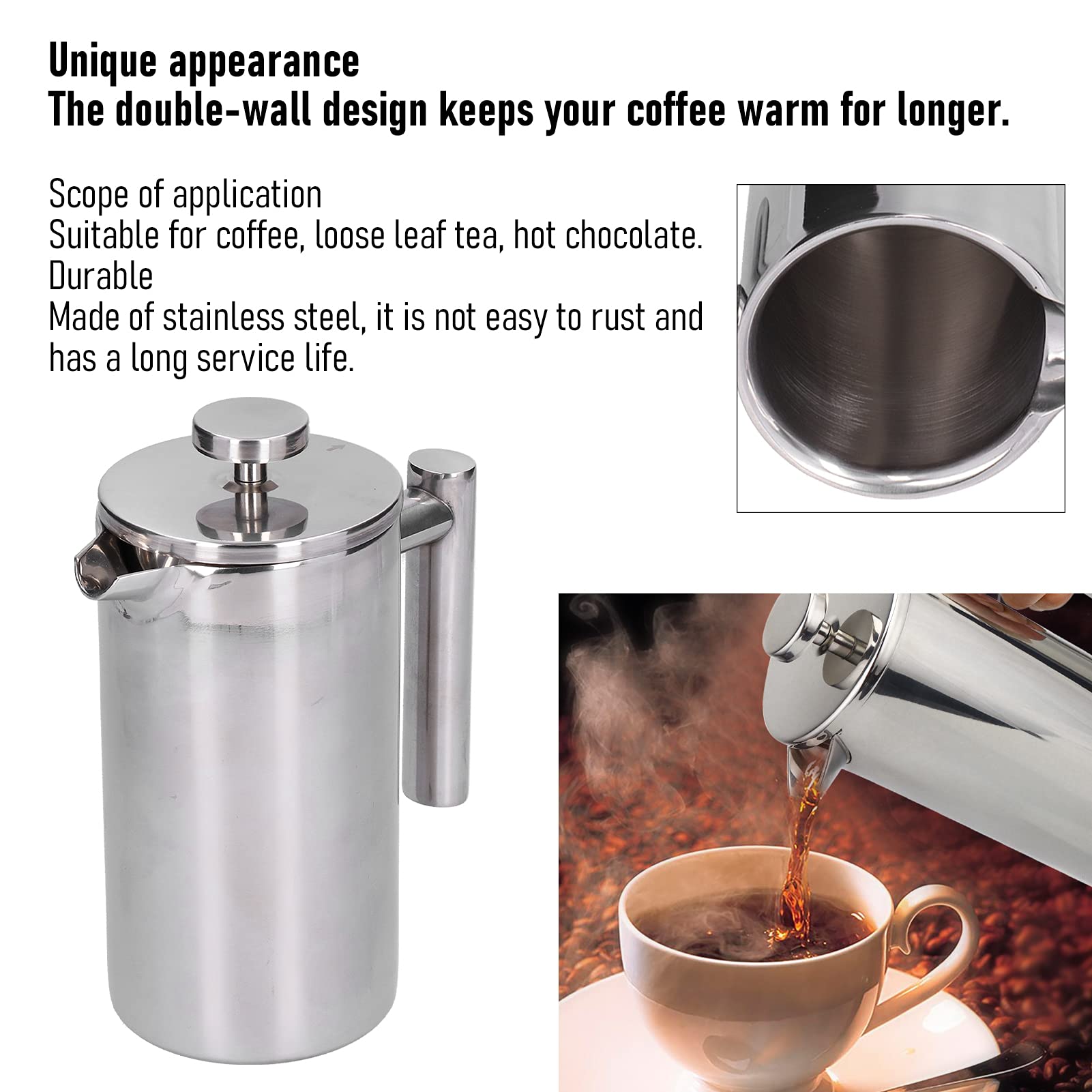 Gavigain French Press Coffee Maker, Stainless Steel French Press Coffee Maker Double Wall Metal Insulation Coffee Press & Tea Brewer for Good Coffee and Tea Home Office (1000ml)