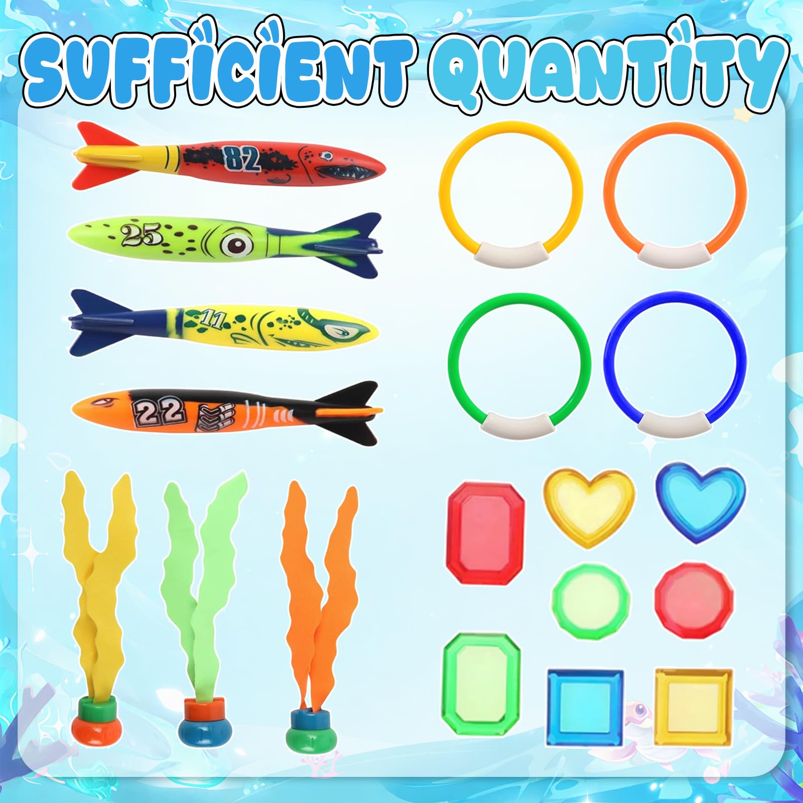 Tauchspielzeug Set Kinder 19 PCS, Unterwasser TauchspielzeugTauchtorpedo, Algenspielzeug & Tauchjuwelen - Spielzeug für Jungen Mädchen ab 4Jahren