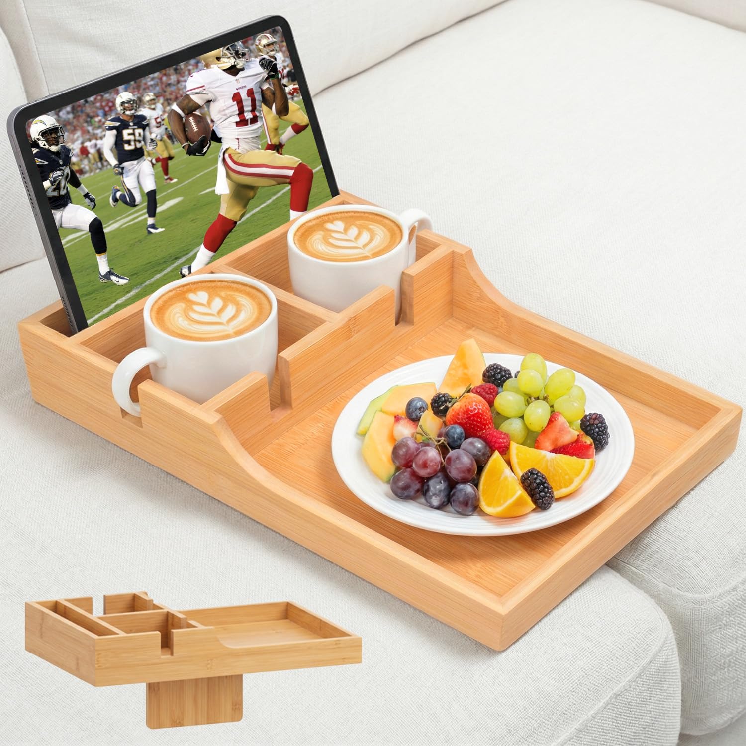 Photo 1 of Vespara Couch Insert Tray, 2-in-1 Bamboo Sofa Tray Insert with 2 Cup Holders, Bamboo Couch Table with 4 Compartments Fits Seat Gaps or Ottomans,for Drinks,Snacks, Remotes, 15.35x9.84-inch
