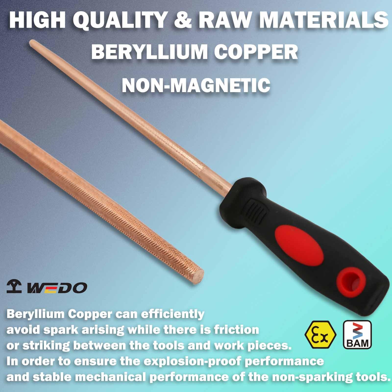 WEDO Lime ronde anti-étincelles avec poignée antidérapante, lime de sécurité sans étincelles, cuivre béryllium, non magnétique, norme DIN, certificat BAM et FM, 300 mm