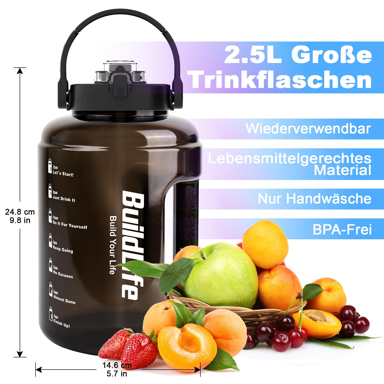 BuildLife 2,5-litrowa butelka sportowa z oznakami czasowymi i 2-w-1 pokrywką - nie zawiera BPA - butelka na wodę do siłowni (2500 ml, czarna)
