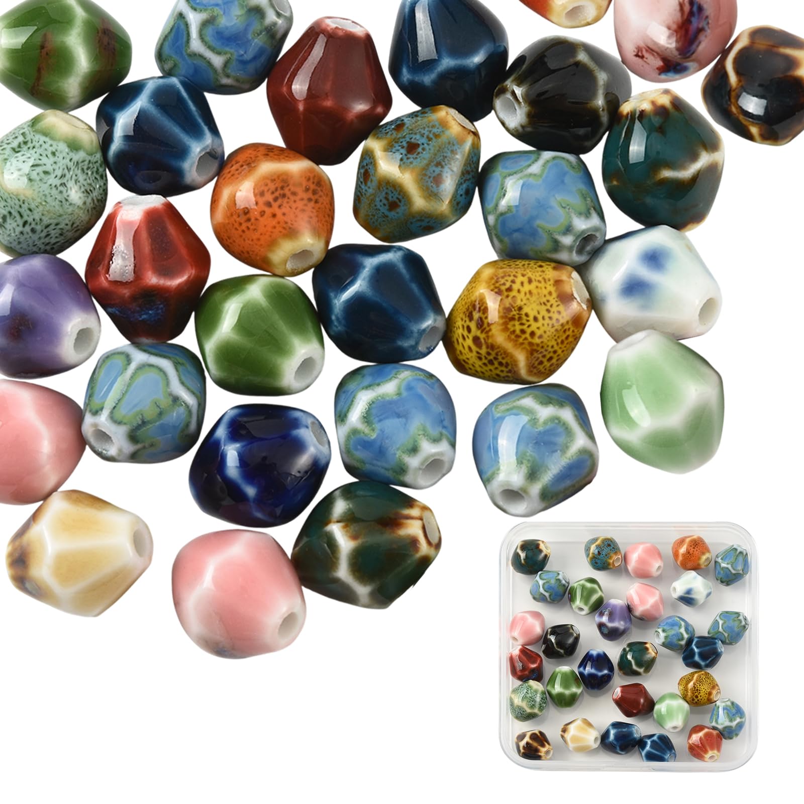 HUAAPLEVLA 30 Pcs Rhombus Ceramic Beads for Jewelry Making Colorful Faceted Porcelain Beads Unique Polymer Clay Spacer Loose Bead for Bracelets Earring Necklaces DIY Craft Supplies