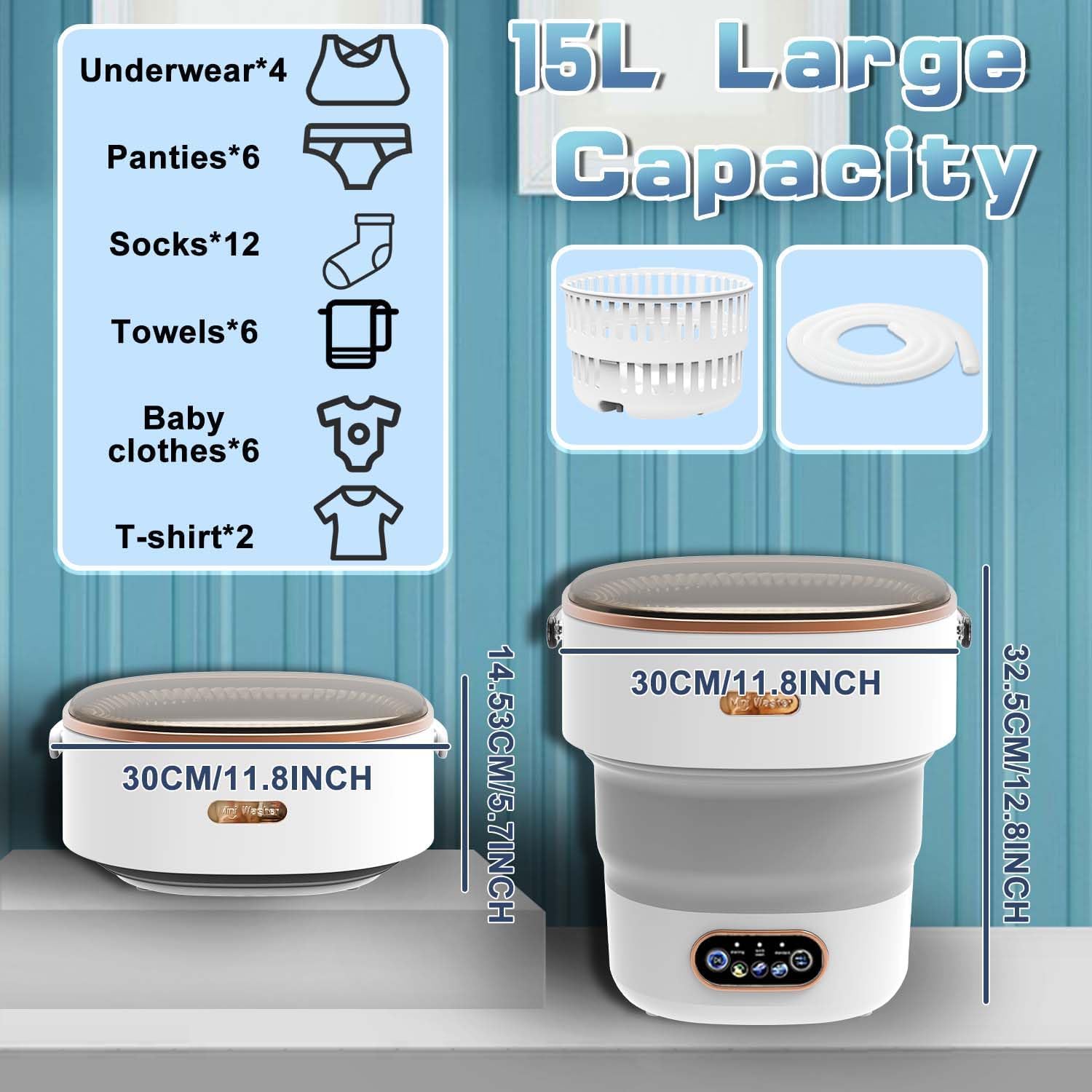 Machine à Laver Portable,15L Mini Laveuse-Sécheuse Automatique Pliable,Dortoir,Camping,Voyage,Chaussettes,Lingerie Machine a Laver Mini,Portable Washing Machine (Couleur kaki)