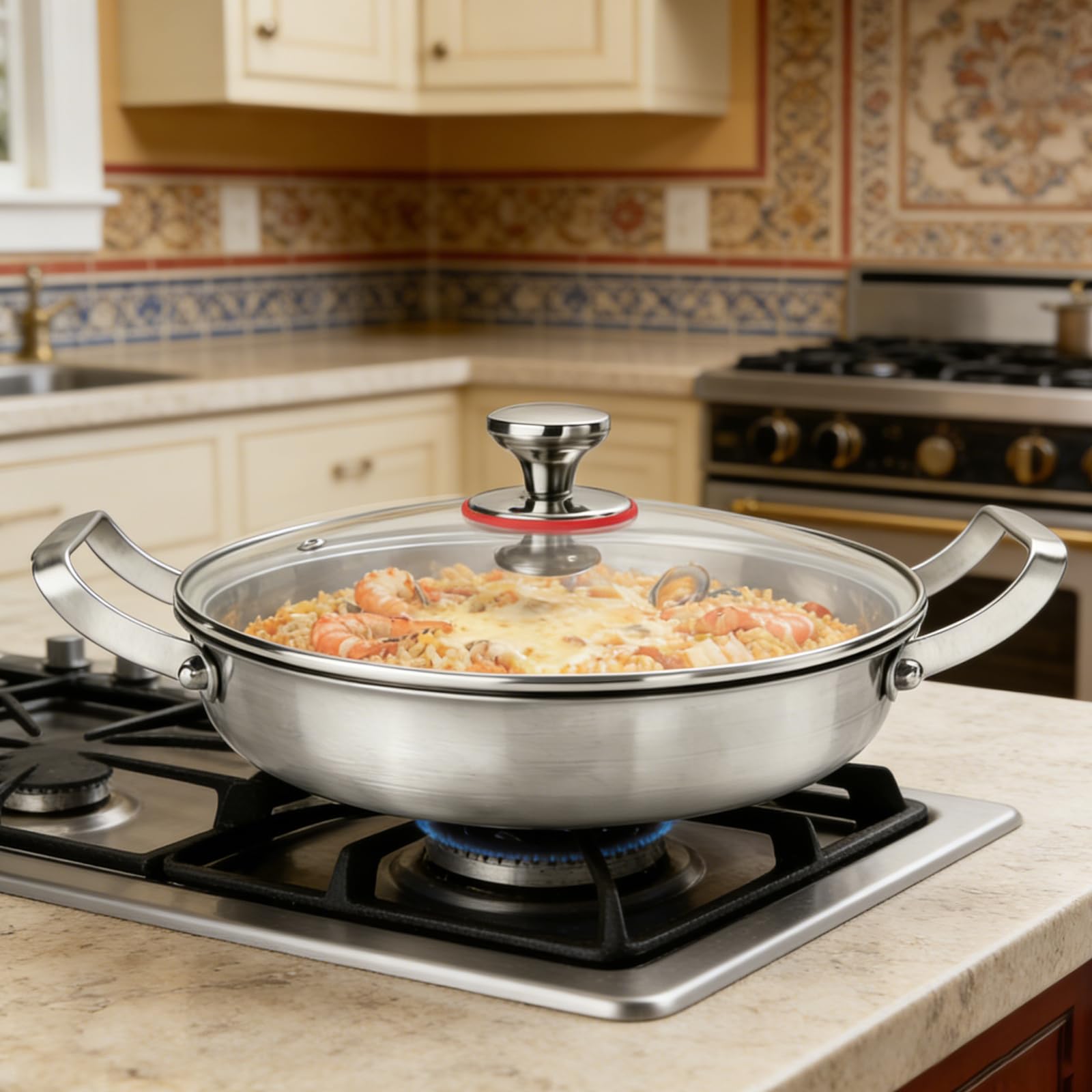 Padella in acciaio inox titanio martellato, 28 cm, padella professionale senza rivestimento, padella a induzione per tutti i fuochi con coperchio in vetro, batteria da cucina a triplo strato in