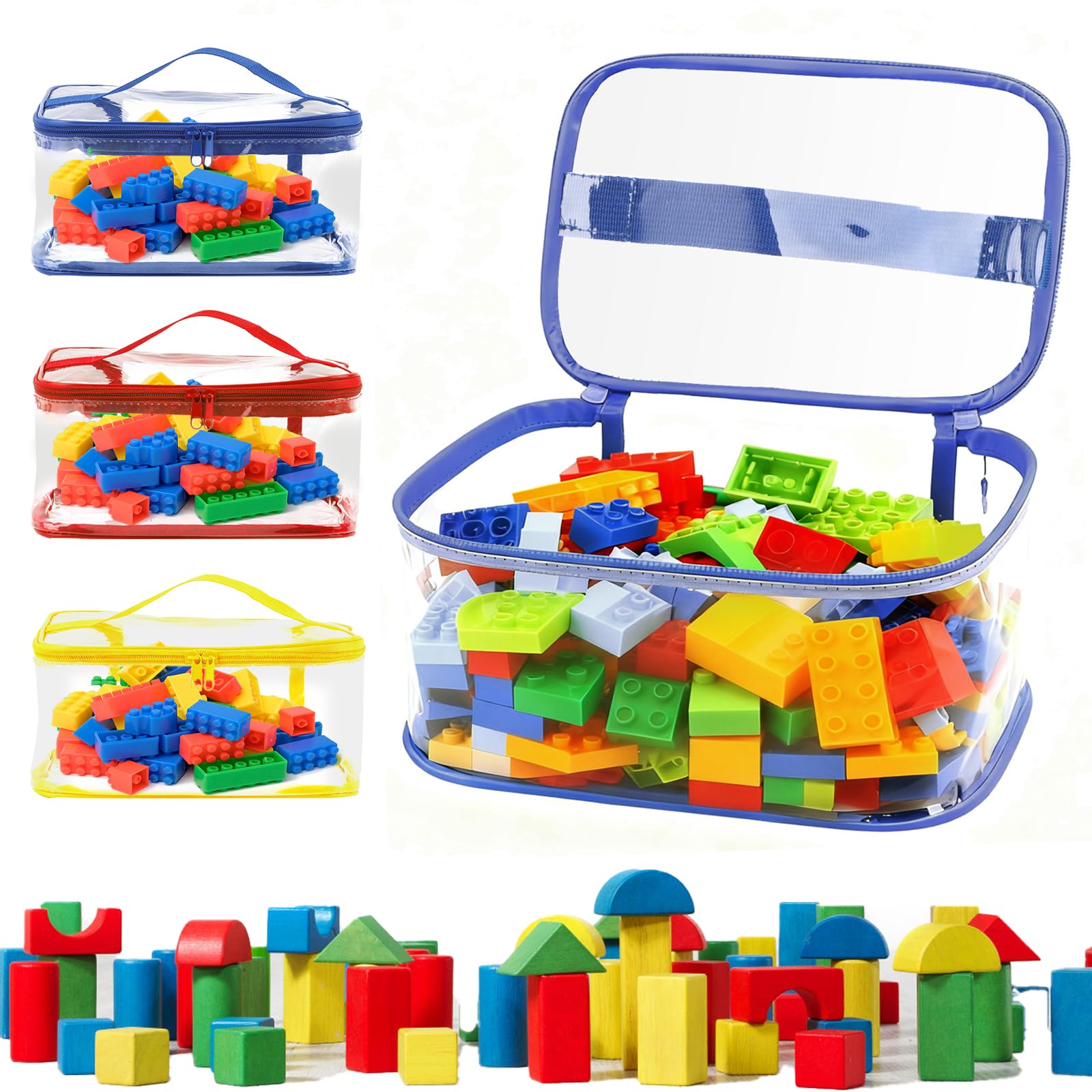 Honosen 3 Pcs Toy Storage Bags, Clear PVC Toy Organiser Bags with Handle, Reusable Waterproof Storage Bags for Building Blocks, Puzzle, Small Models, Board Games, Books, 3 Colors