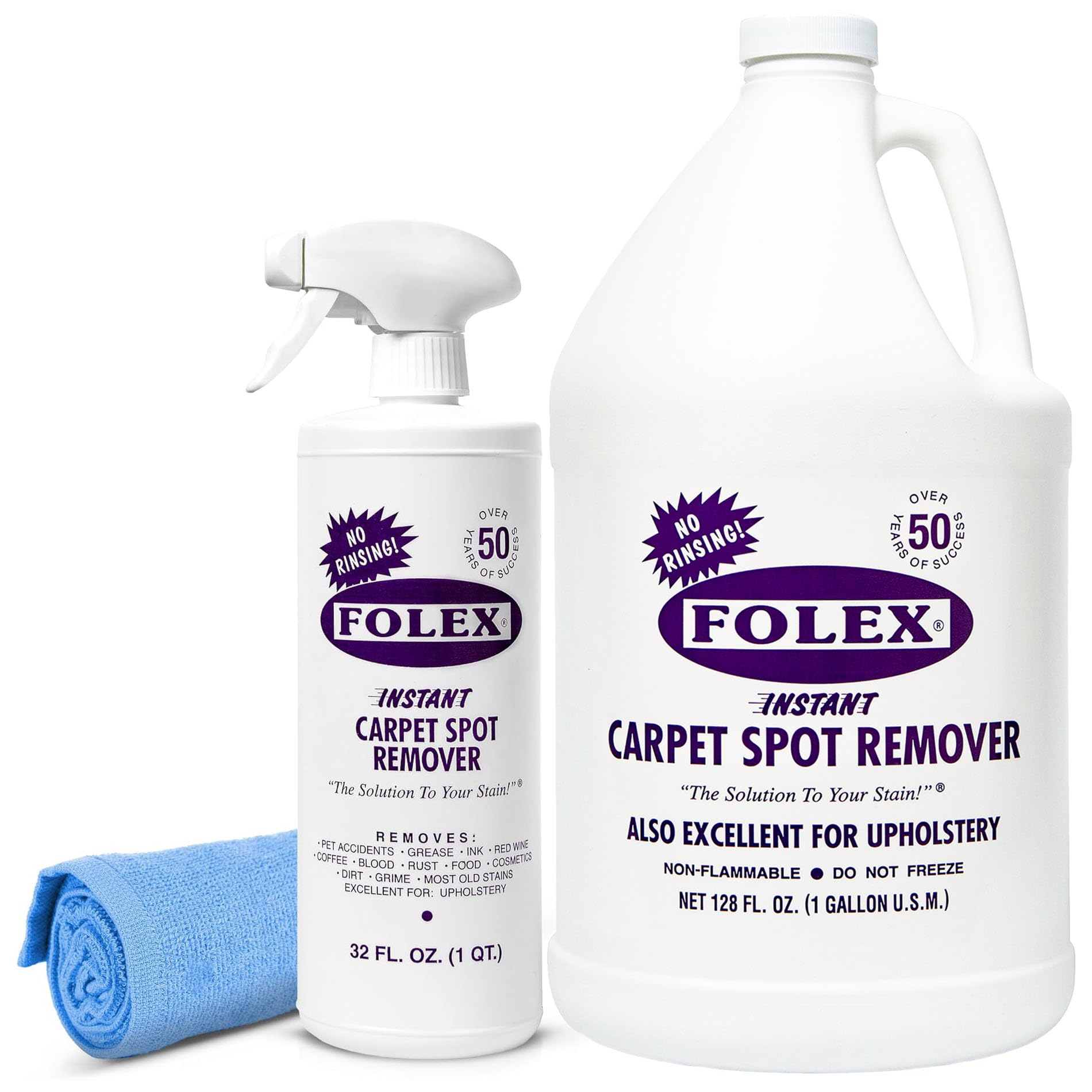 FOLEX 32 oz Instant Carpet Spot Remover Carpet Cleaner with Reusable Cleaning Cloth - Removes Pet Accidents, Grease, Red Wine and More (1 Pack + Refill)