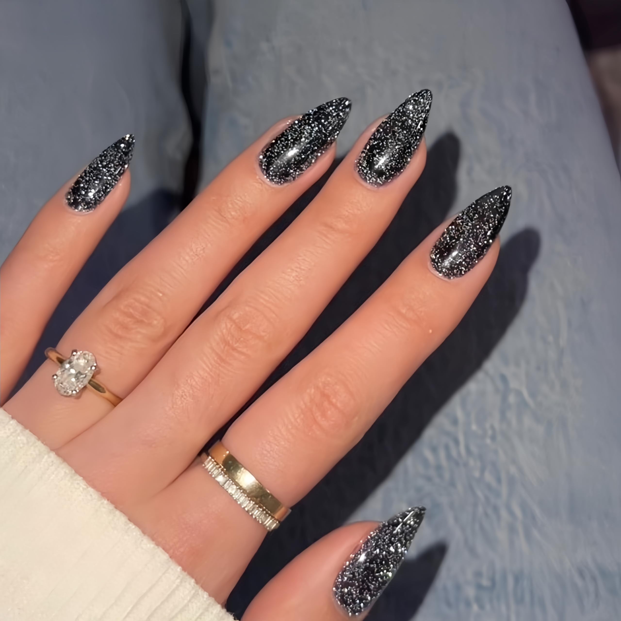 Amazon.com: KQueenest Glitter Black Press on Nails Almond Medium Length,  Iridescent Shimmer Acrylic Fake Nails Press ons, Glossy Sparkly Glue on  Nails Medium False Nails for Party Decoration 24 Pcs : Beauty