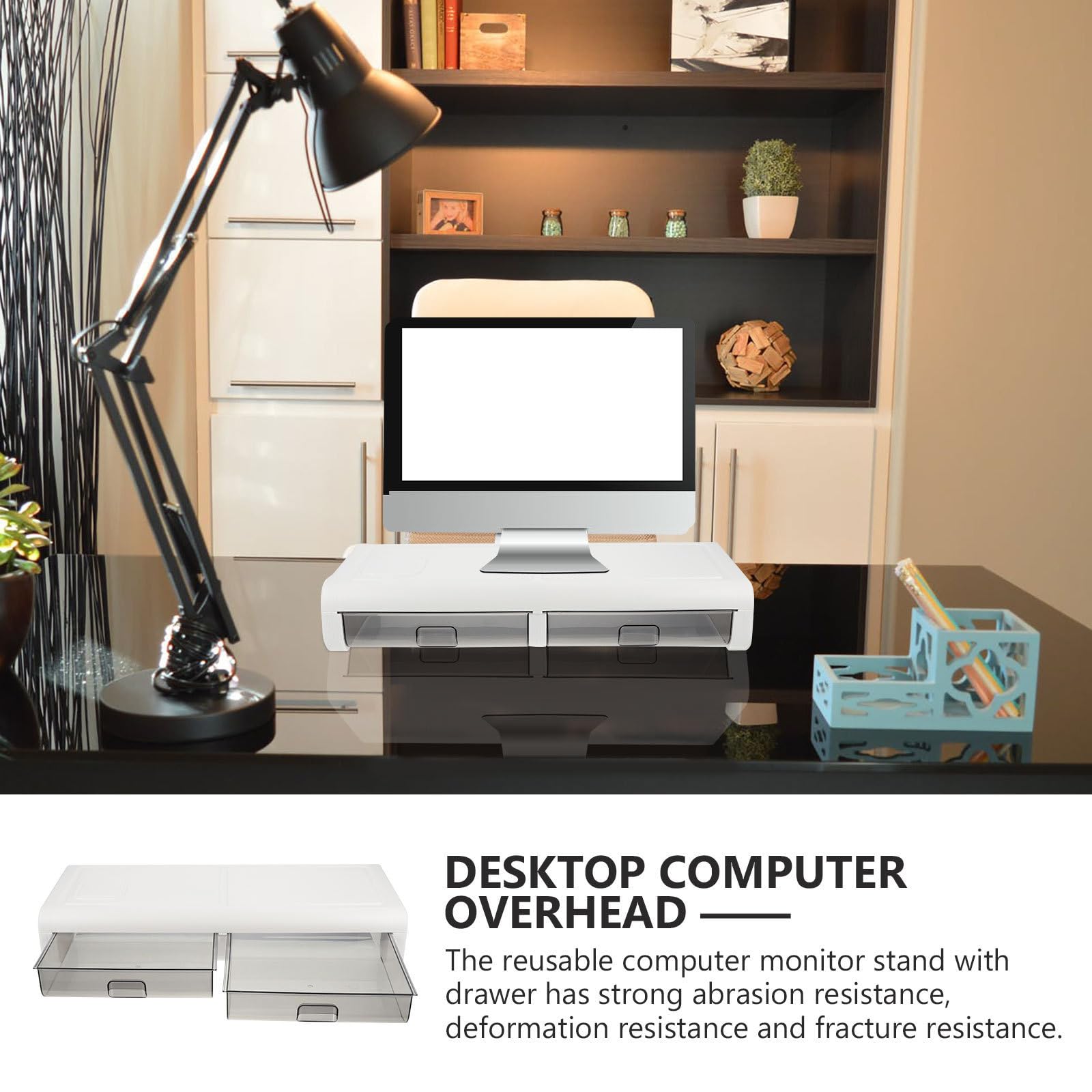 Soporte Elevador Plástico con Cajón, para Monitor de Escritorio Negro