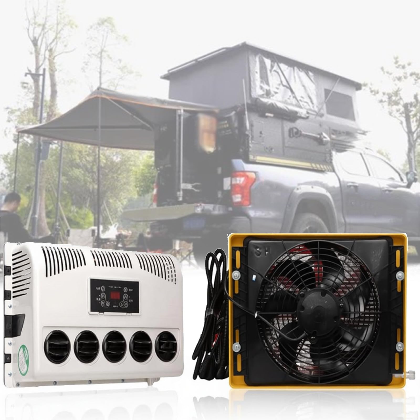 DOZPAL 12V/24V dc RV Air Conditioner, Split Air Conditioning Kit Electric Truck Cab Air Conditioner Unit with Remote Control for Camper Semi Truck Boat Bus Off-Road Vehicle Yellow-12V