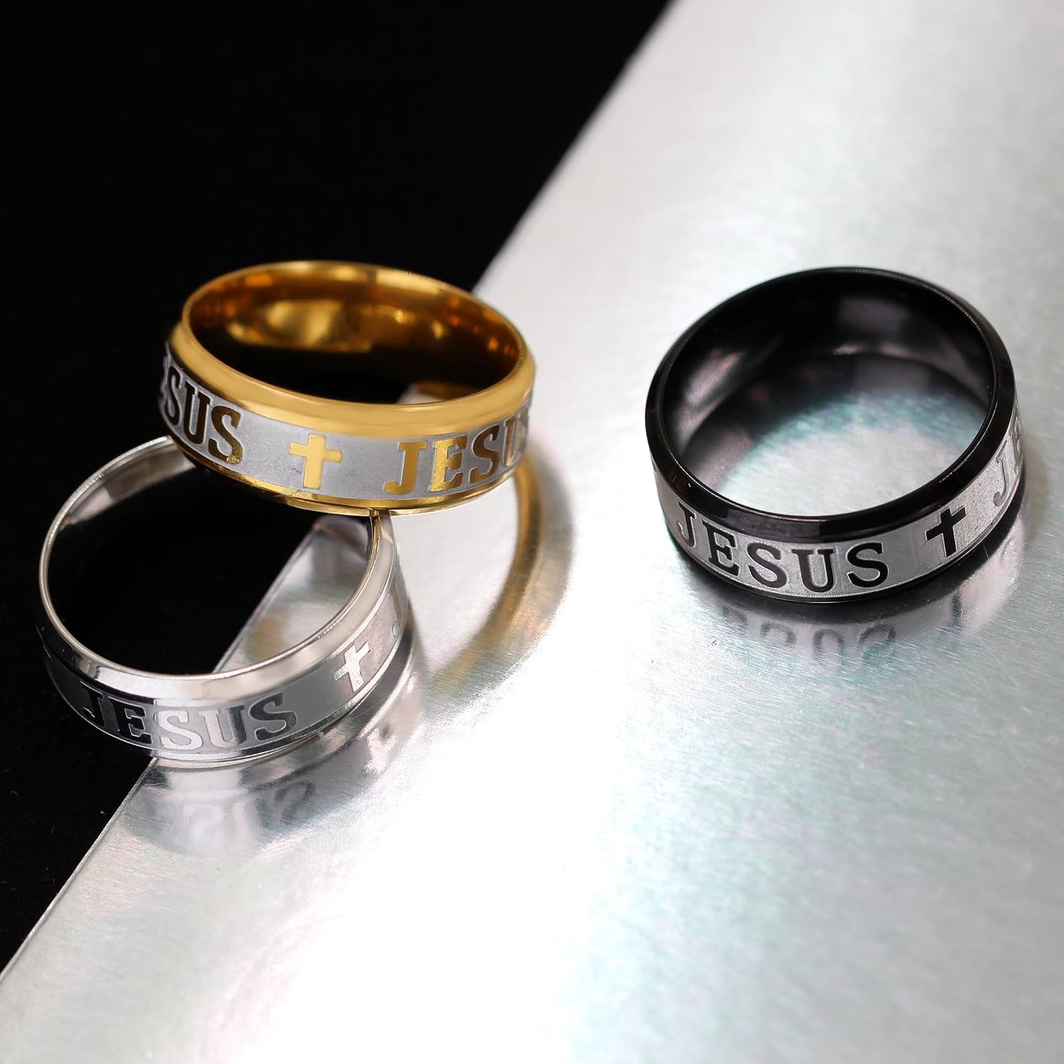 Uloveido Stainless Steel JESUS Cross Ring - Christian Faith Scripture Jewelry for Men - 8mm Comfort Fit Wedding Cross Band Durable Polished