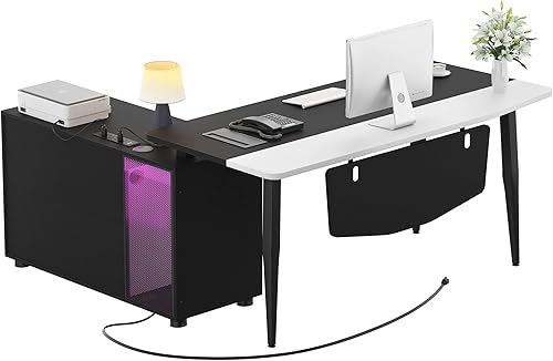 Unikito Escritorio en forma de L con puerto de carga USB y luz LED, escritorios de esquina para computadora con archivador, mesa de computadora
