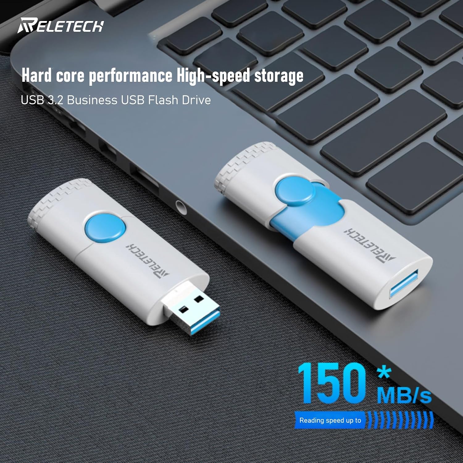 Reletech USB Flash Drive on a laptop keyboard, illustrating high-speed transfer
