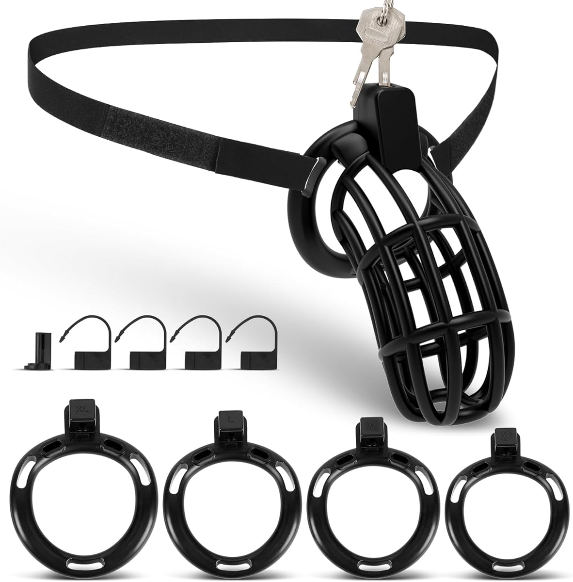 Male Chastity Belt Cock Cage - UTIMI Adjustable Plastic Chastity Strap Devices for Sissy Man 3D Printed Black Penis Bondage Cage Lightweight Adult Sex Toy with 4 Sizes Rings Invisible Lock and Key