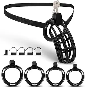 Male Chastity Belt Cock Cage - UTIMI Adjustable Plastic Chastity Strap Devices for Sissy Man 3D Printed Black Penis Bondage Cage Lightweight Adult Sex Toy with 4 Sizes Rings Invisible Lock and Key